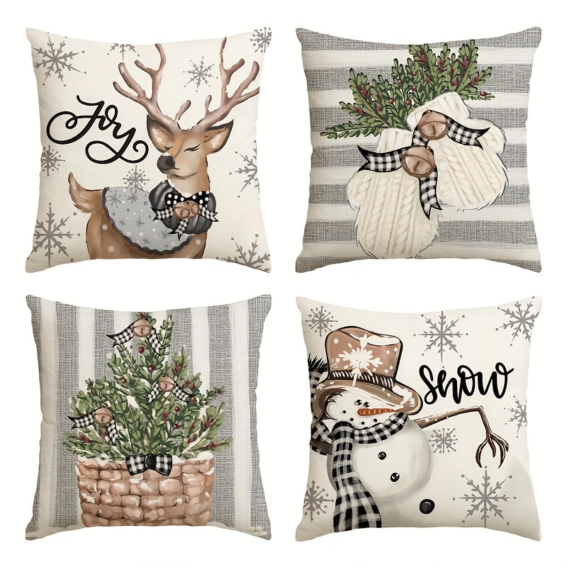 Snowman Pillow Cover Set - 4 Pcs, 18x18 Inches, Winter Christmas