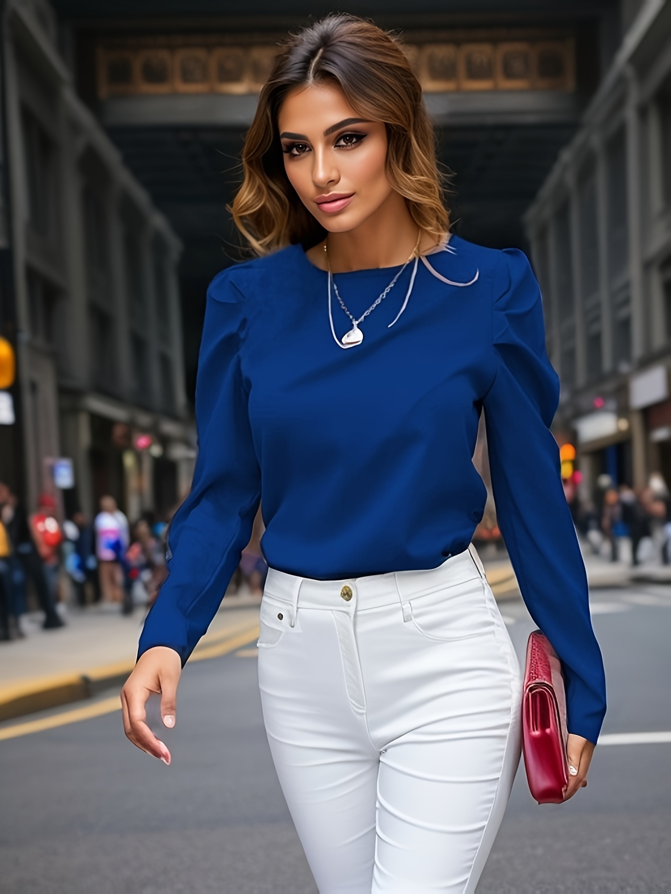 YDKZYMD Womens Long Sleeve Blouse Crew Neck Short Sleeve Floral Dressy  Tunics Pleated Ruched Loose Shirts Summer Going Out Tops Navy 