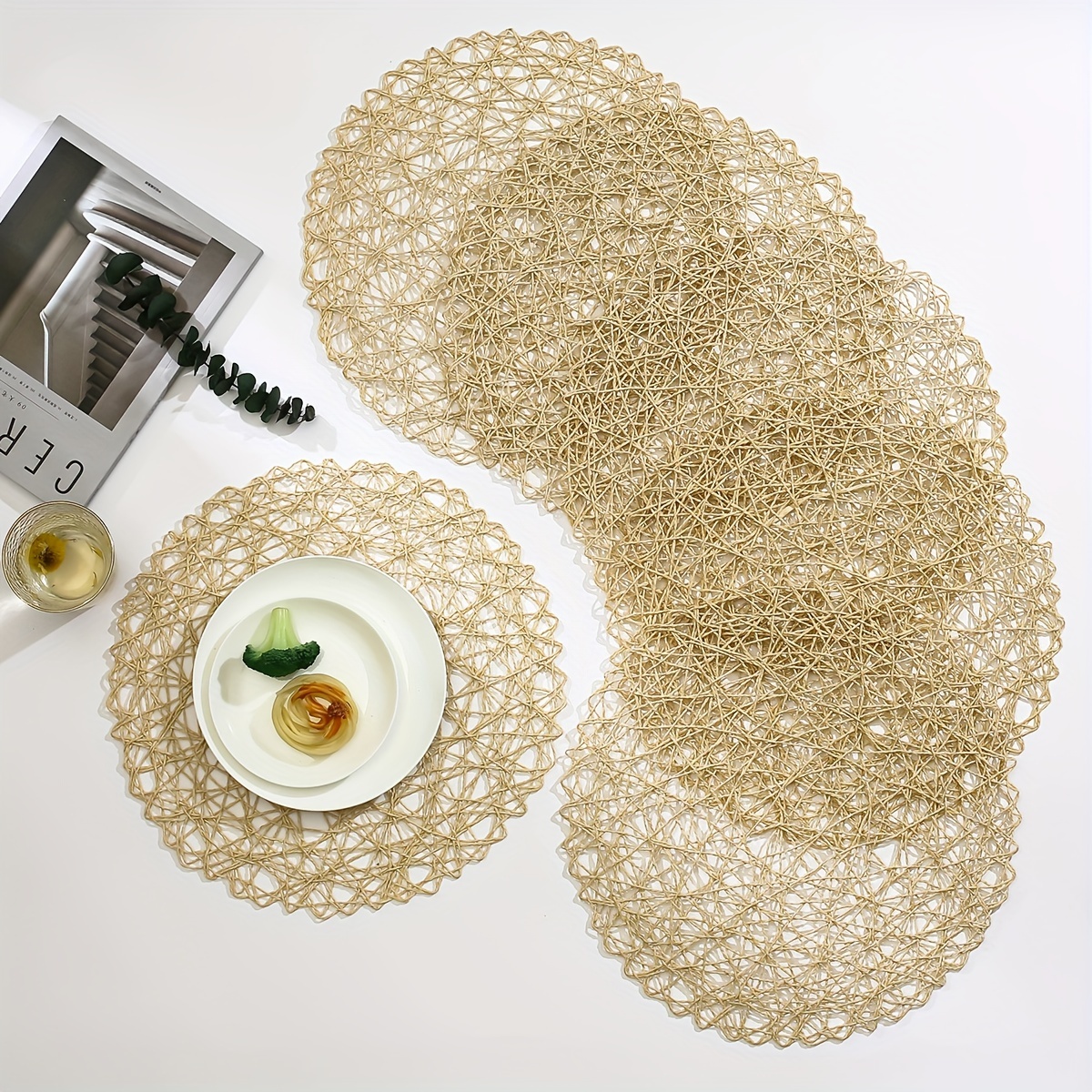 

6pcs Placemats, Paper Woven Braided Hollow Round Placemat, Washable, Easy To Clean, Wipeable, Non-slip, Heat Resistant, Dining Table Placemat, Holiday Wedding Party Holiday Decoration