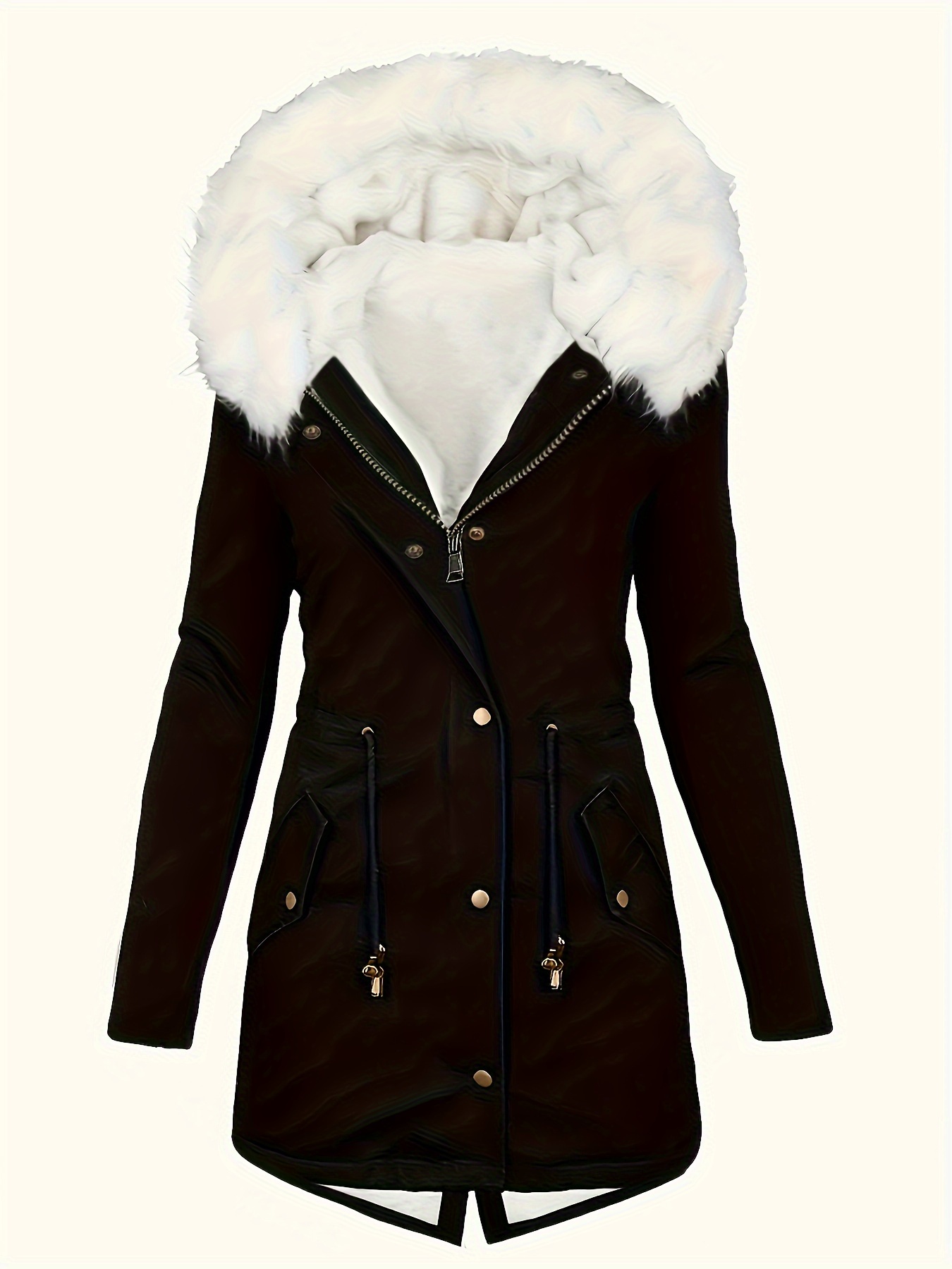 Faux Fur Hood Drawstring Parka Coat, Zip Up Button Front Pocket