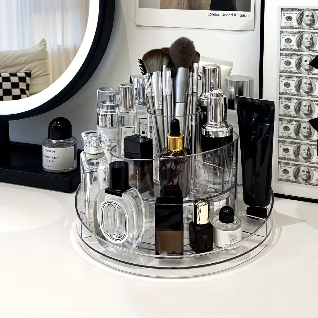 1pc rotating cosmetics storage box luxury desktop makeup brush storage tray dressing table cosmetics skincare product storage shelf clear makeup storage organizer details 1