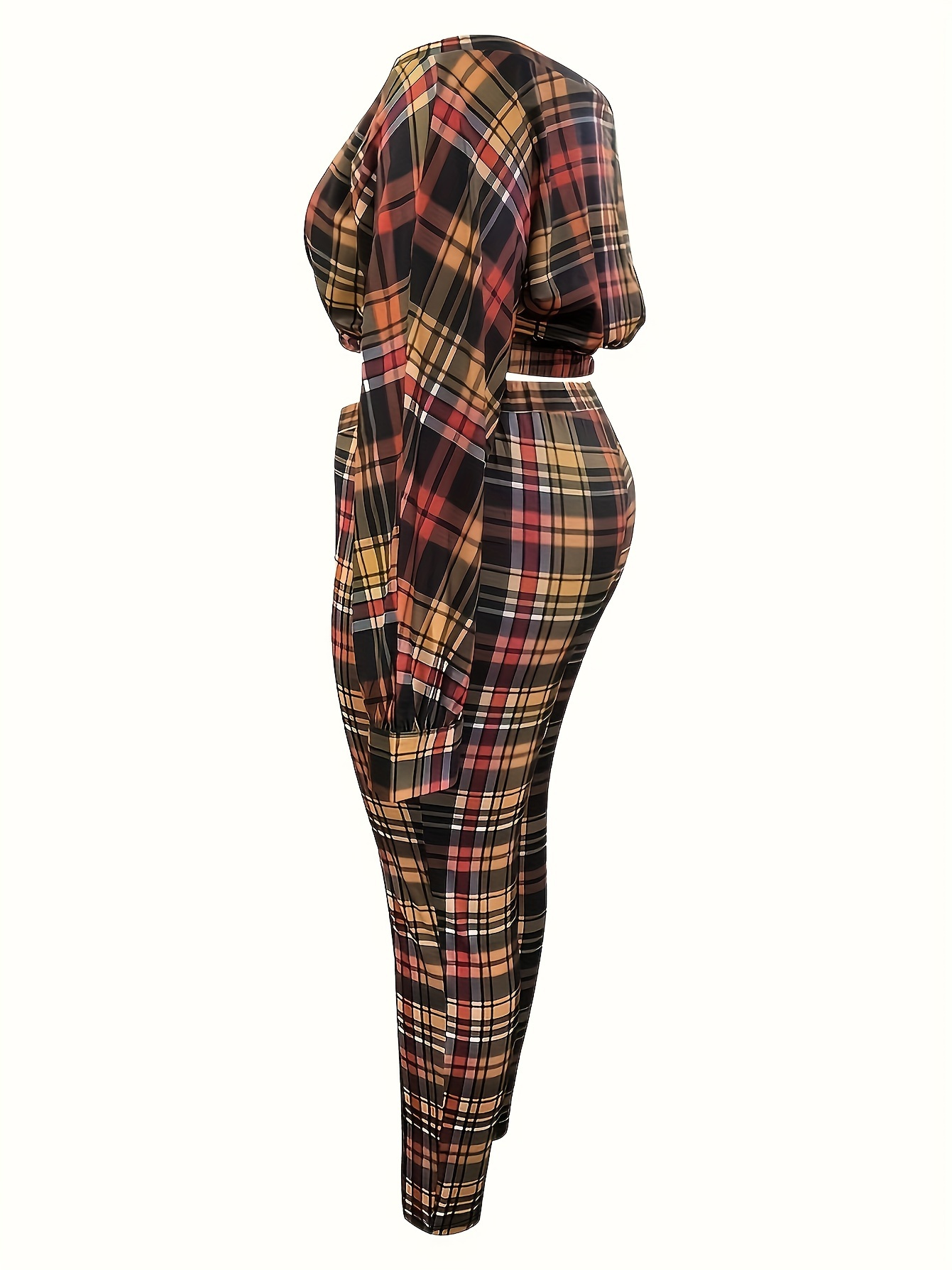 Plus Size Sexy Outfits Set, Women's Plus Plaid Print Twist Front Off  Shoulder Long Sleeve Crop Top & Leggings Outfits Two Piece Set