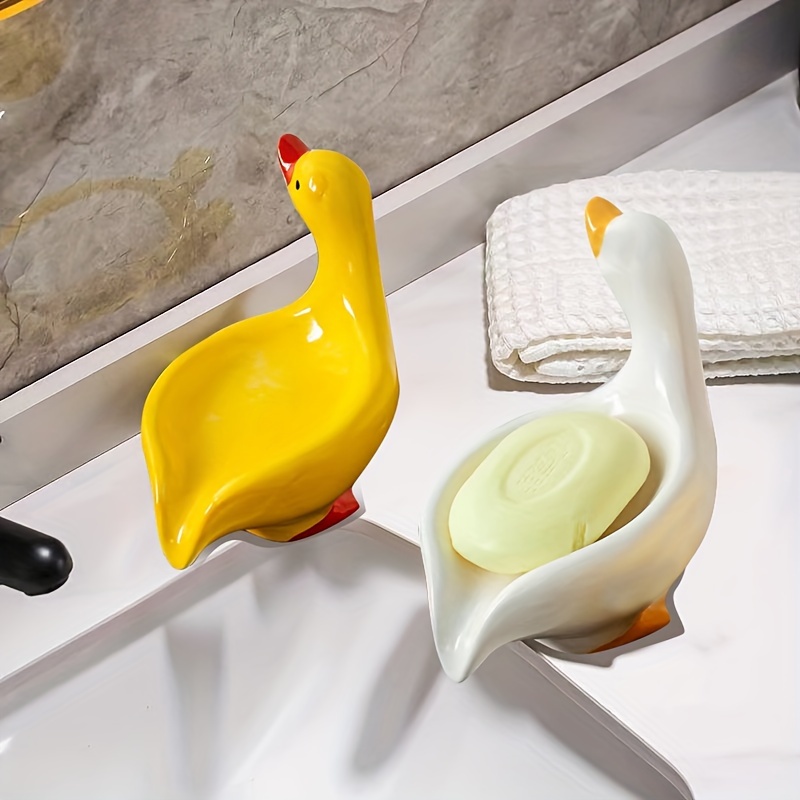 Duck Soap Dish, Cute Duck Beak Drain, Ceramic, White Box Holder