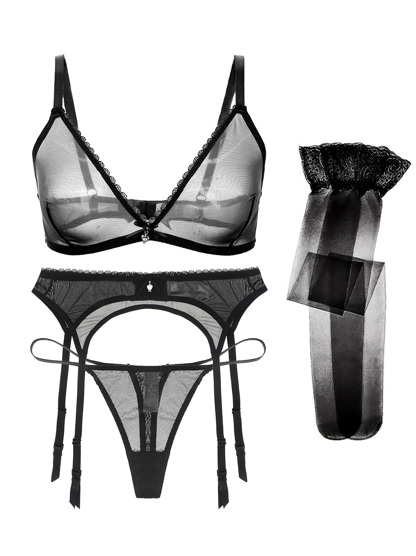 Women's Underwear Lace Half Cup Bra+Panties+Garter+Stockings 5pcs/set  Lingerie