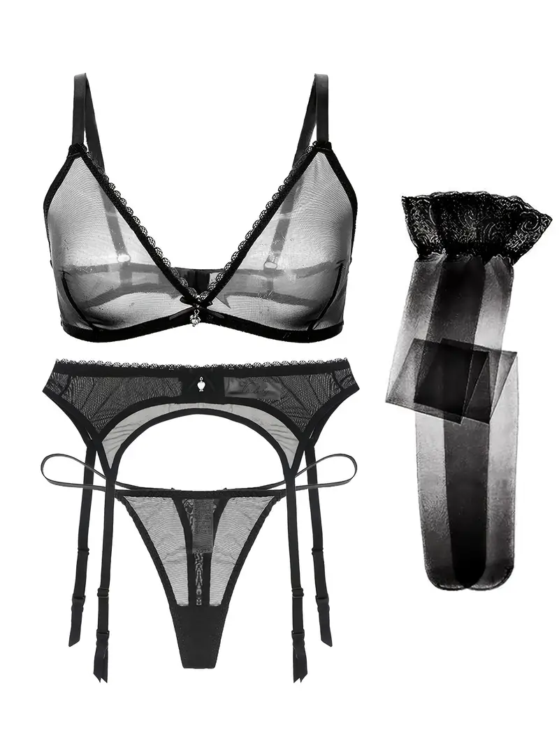 4 Pack Solid Lingerie Set, Women's Ultra -thin Perspective Intimates Bra &  Low -waist Thongs & Panties Garters & Stockings Set, Women's Lingerie & Und