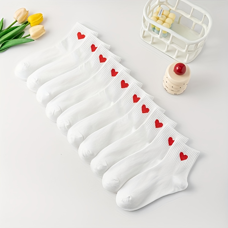 

10 Pairs Heart Print Socks, Comfy & Breathable All-match Socks, Women's Stockings & Hosiery
