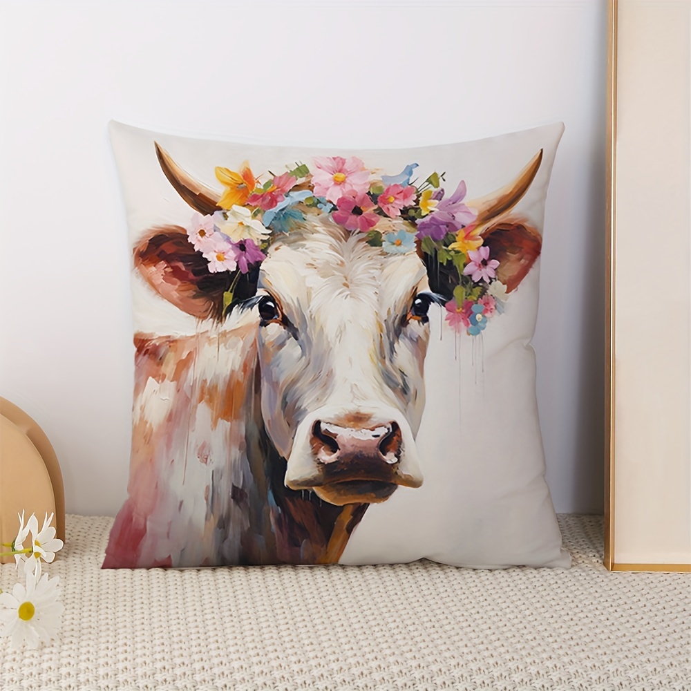 

1pc, Cow With Flowers Throw Pillow, Watercolor Painting Style Cushion Cover, 18x18inch Home Decor, Room Decor, Bedroom Decor, Living Room Decor, Sofa Decor (pillow Insert Not Included)