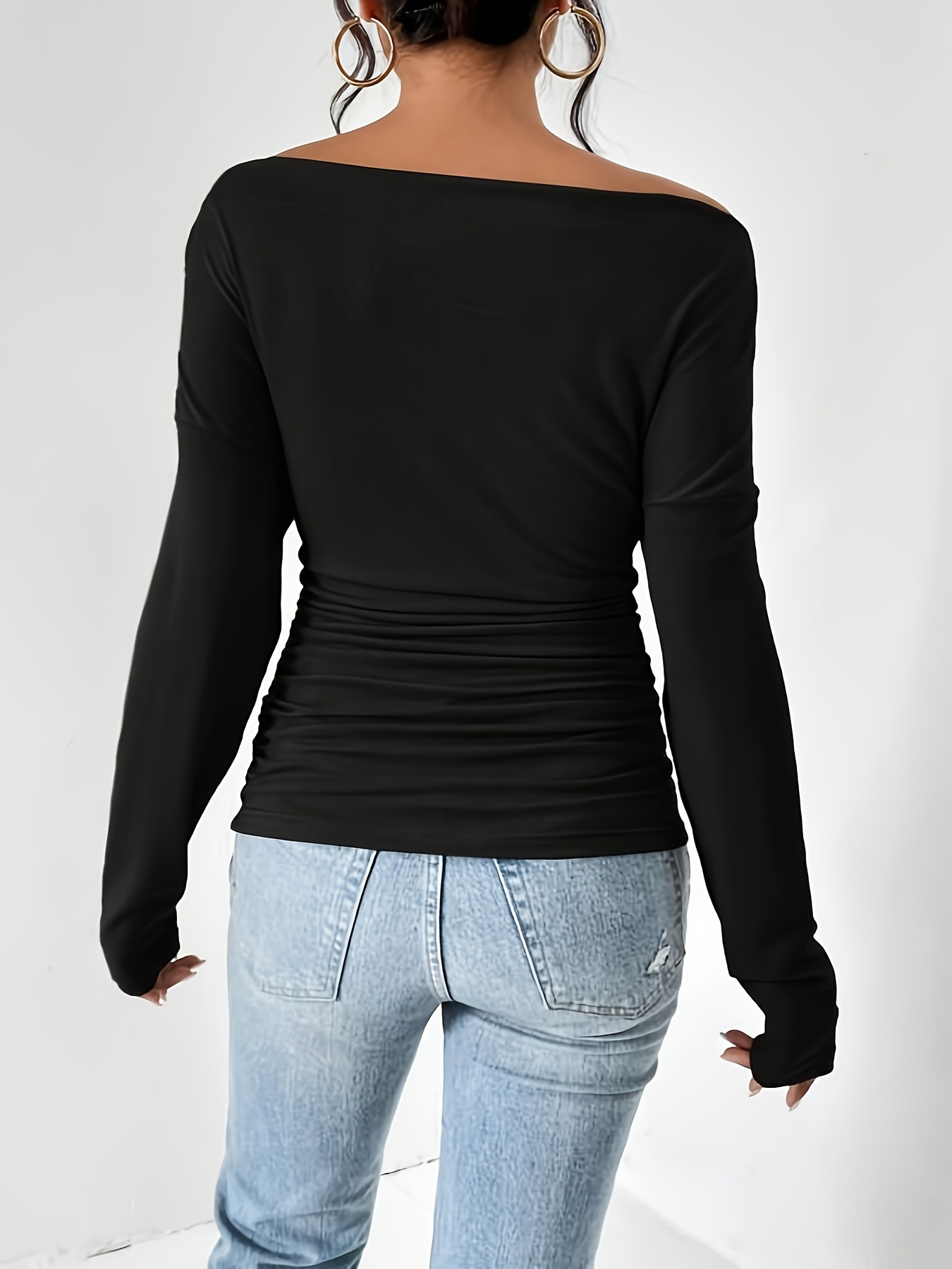 Solid Asymmetrical Neck Ruched T shirt Casual Long Sleeve - Temu