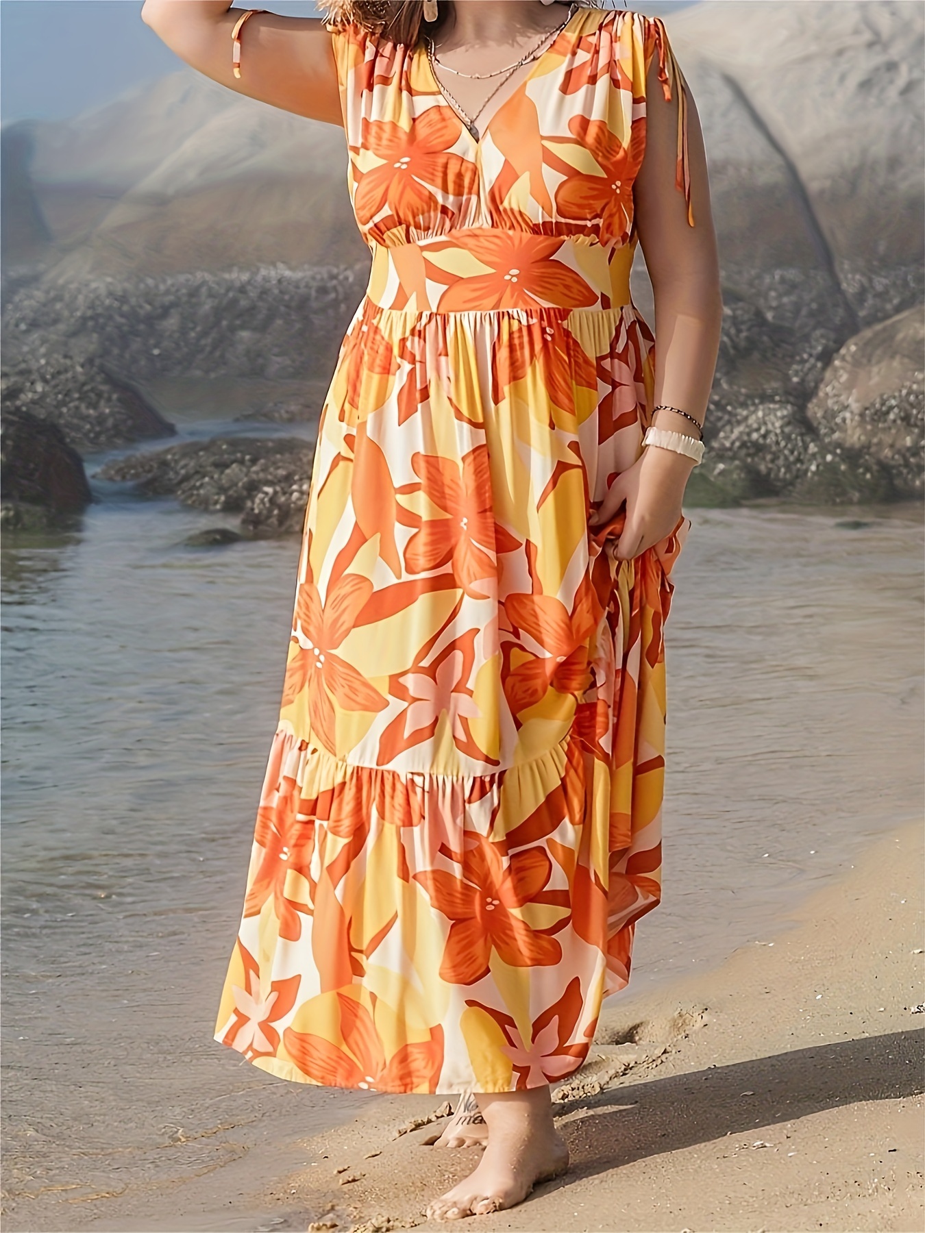 Plus Size Boho Dress; Women's Plus Floral Print V Neck High Stretch Cami  Maxi Dress With Pockets