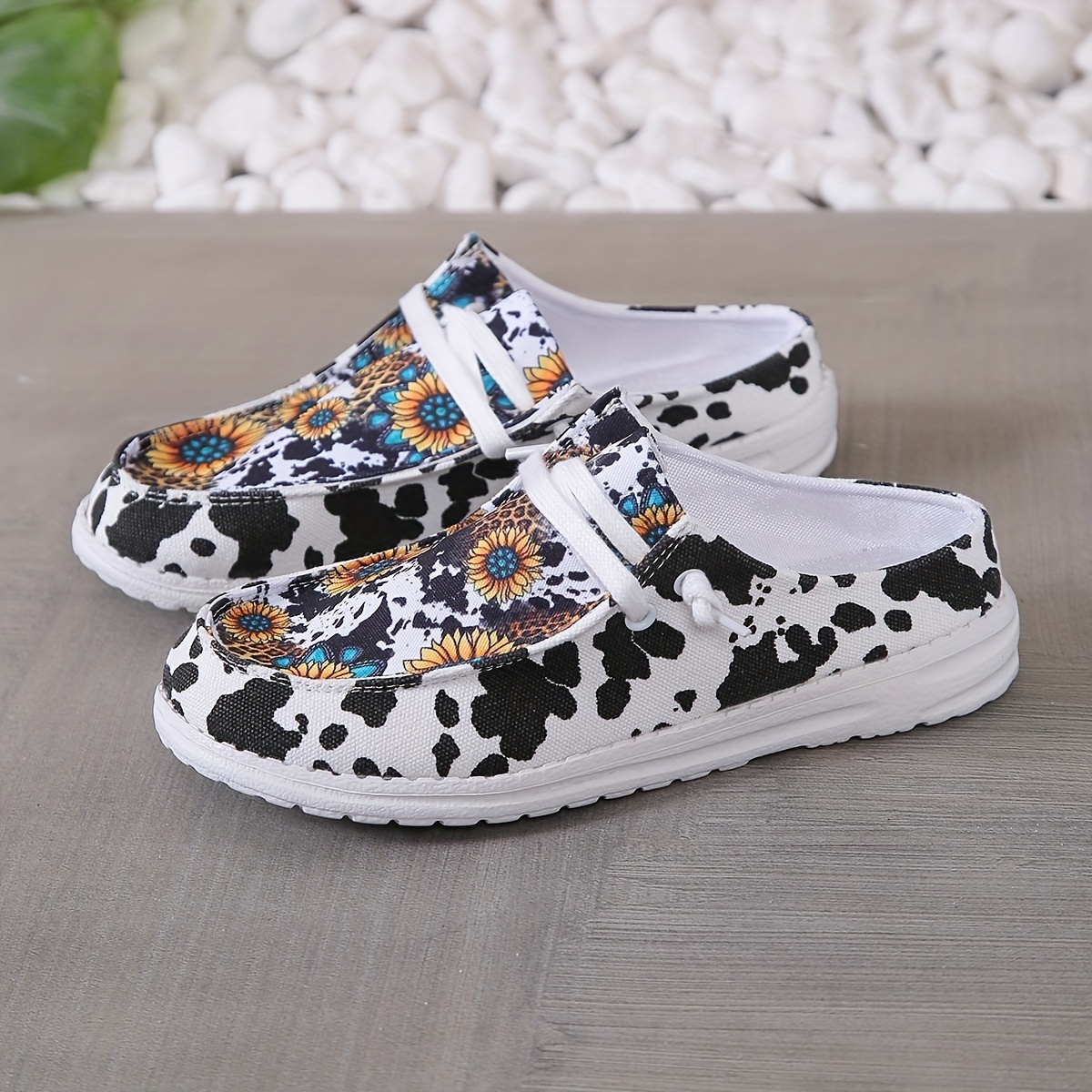Sunflower & Cow Pattern Mule Sneakers Lace Up Shoes