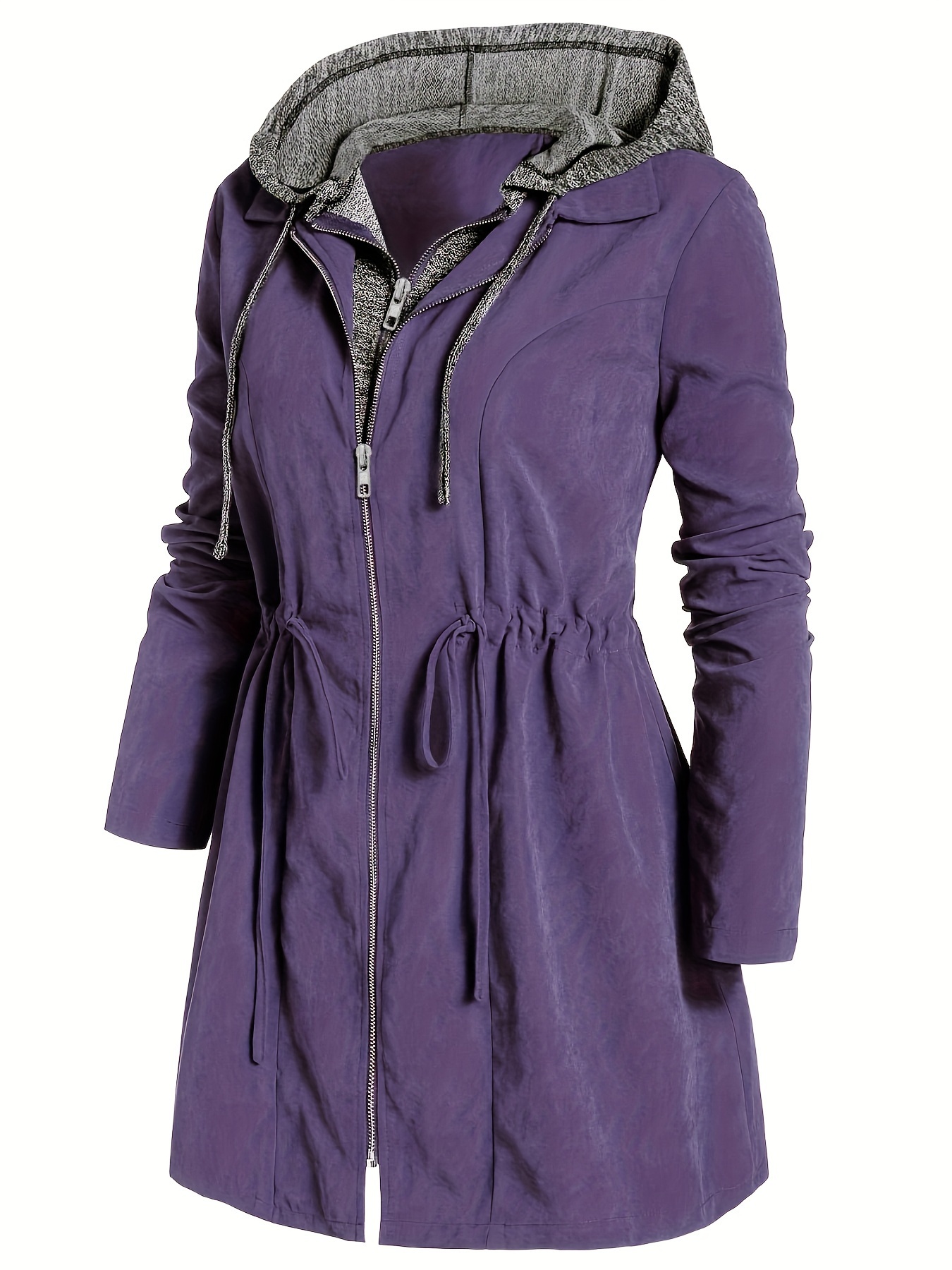 plus size casual coat womens plus colorblock double zip up long sleeve drawstring nipped waist ruched hooded coat purple 2