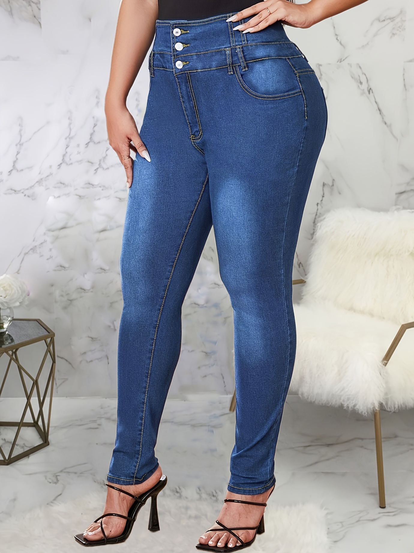 High Rise Button Fly Skinny Jeans Women's Plus Medium Stretch