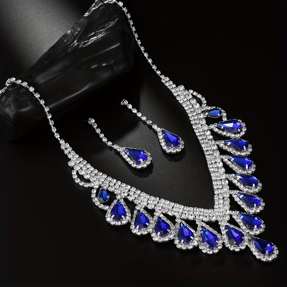 Blue Crystal Rhinestones Necklace/ Earrings/ Bracelet - Temu