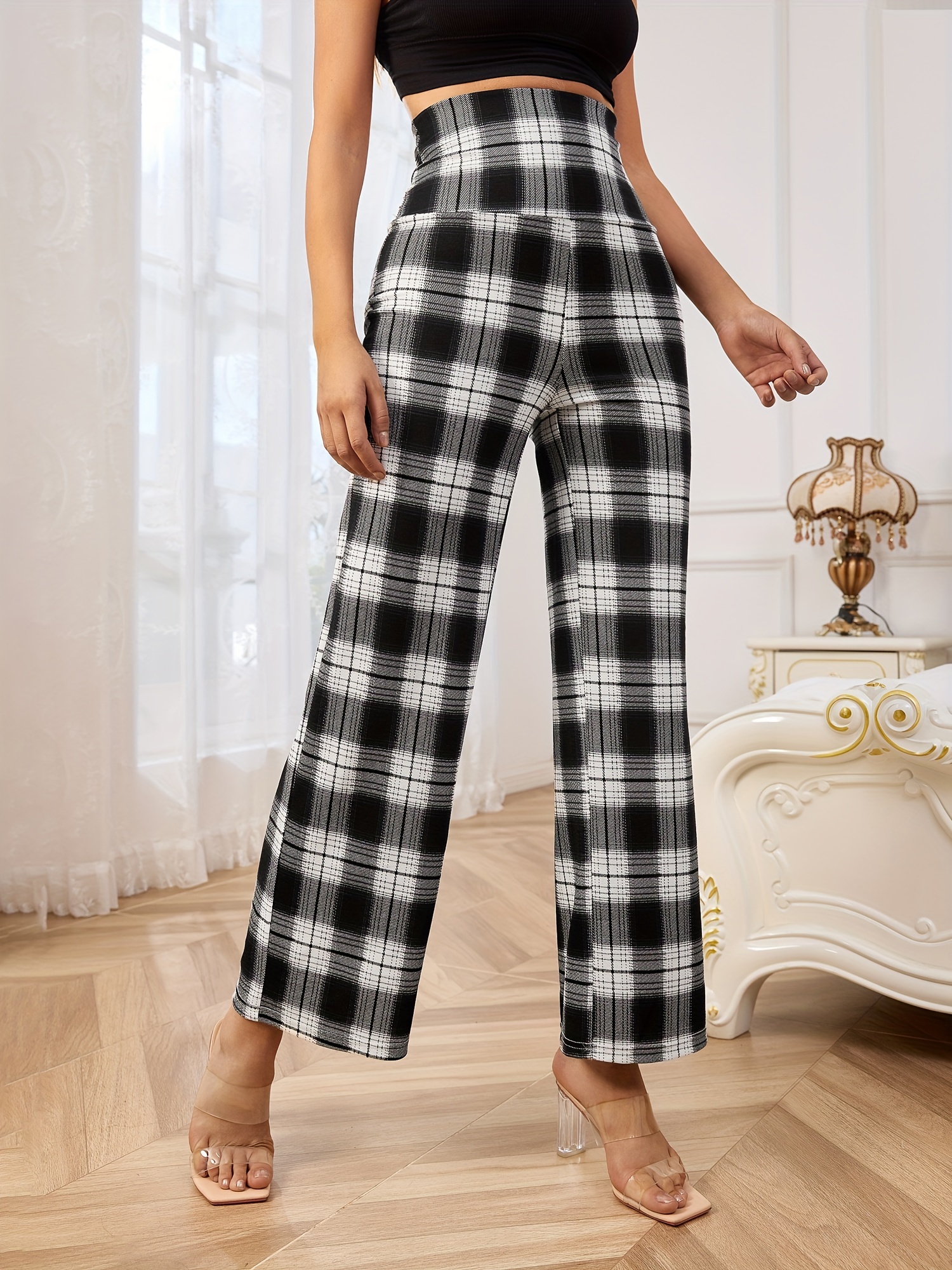 Plaid Print Straight Leg Pants Casual Elastic Waist Loose - Temu Canada