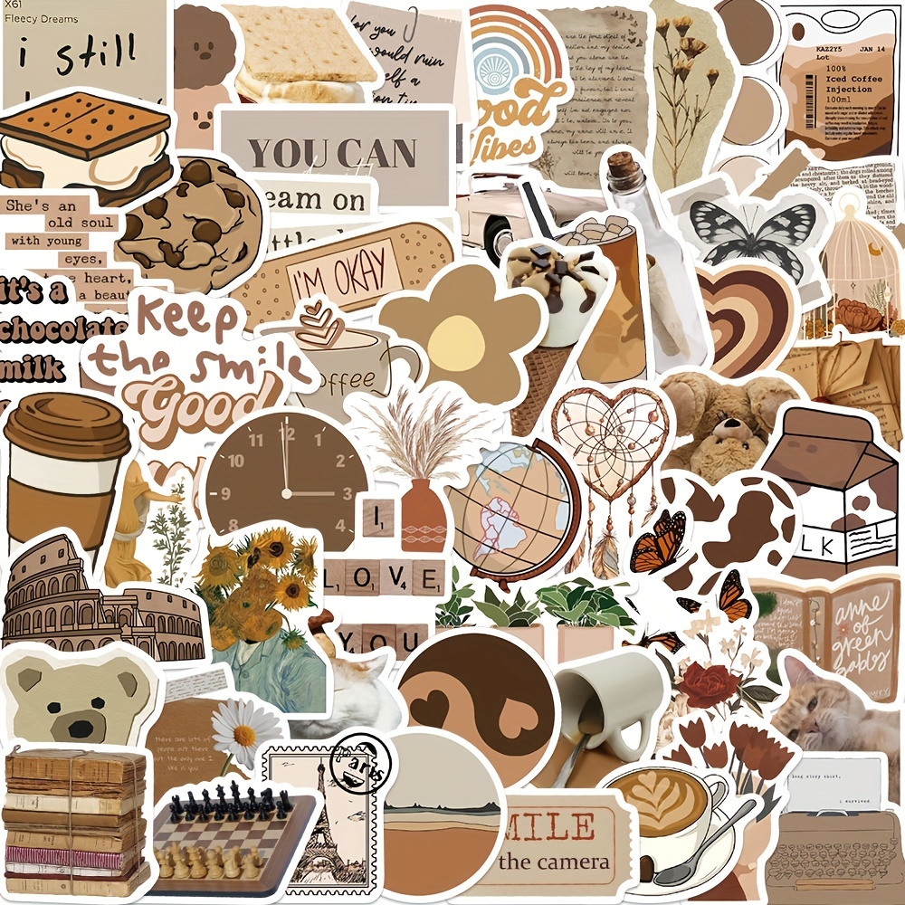 60pcs Brown Aesthetic Art Doodle Stickers, Literary Simple Trendy Style  Waterproof Gift Decoration, Suitcase Laptop Computer Scrapbook Mobile Phone  Gu