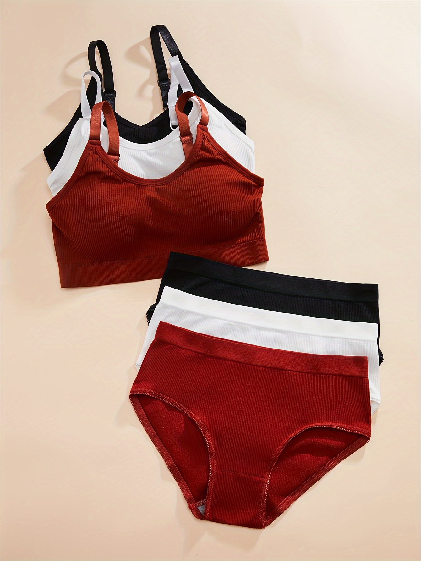 3 Set Simple Solid Color Rib Knit Bra & Panty, Scoop Neck Adjustable Strap  Bras & Panties Lingerie Sets, Women's Lingerie & Underwear