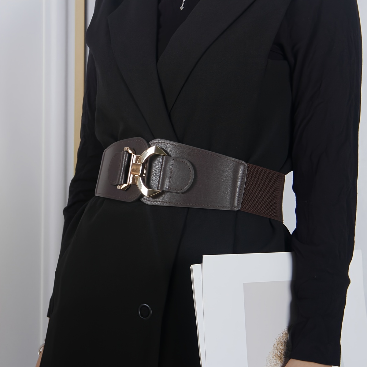 Classic Lock Buckle Wide Belts Trendy Solid Color Elastic PU Waistband  Elegant Dress Coat Girdle For Women Girls