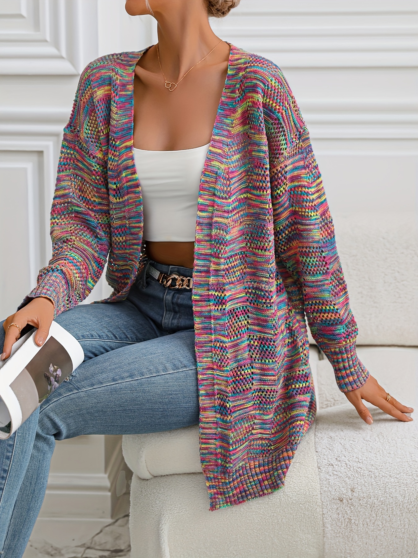 Rainbow Striped Open Front Cardigan Casual Long Sleeve - Temu