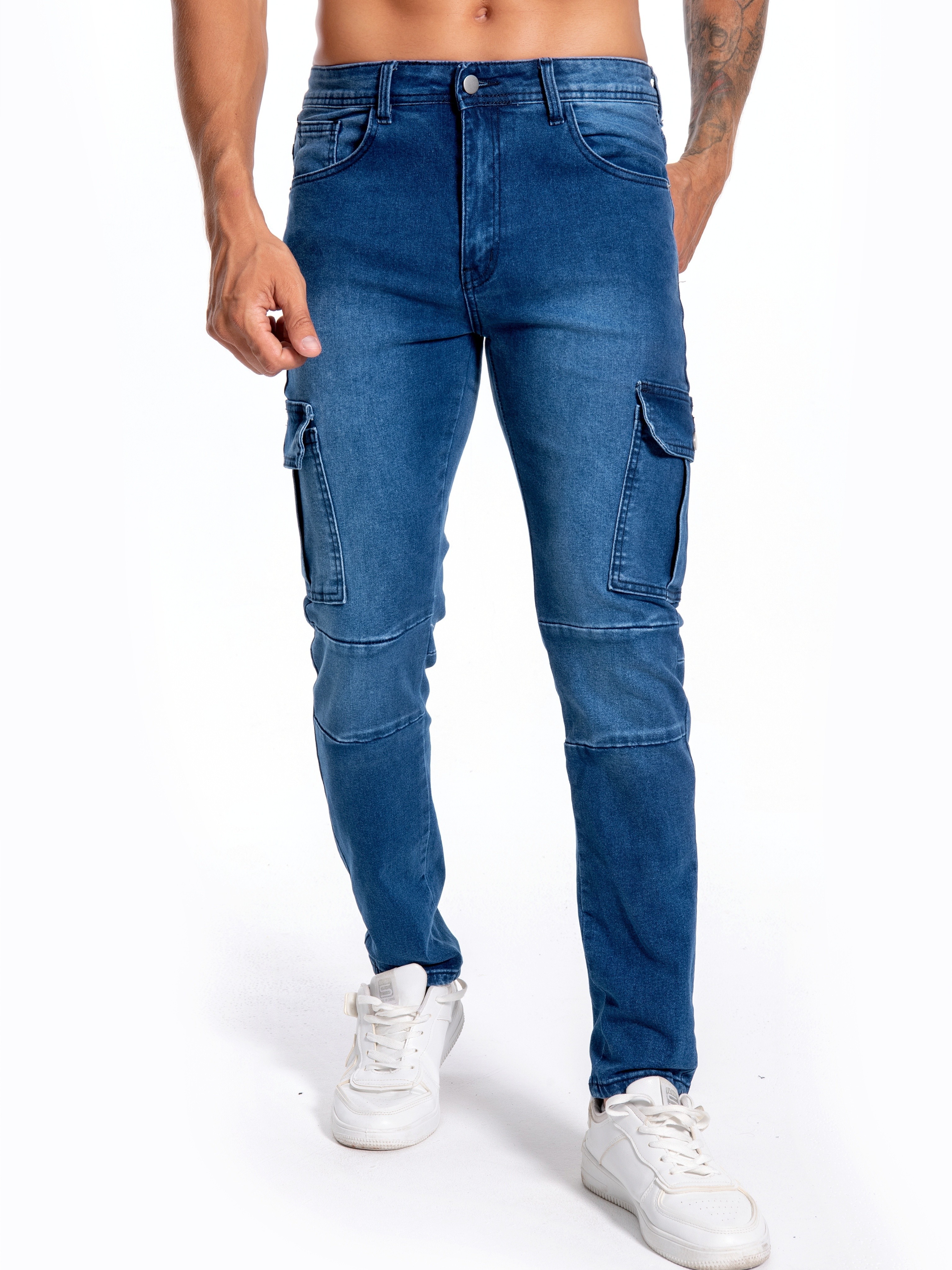 Homens Jeans cargo Lado do bolso da aba  Homens de jeans, Roupas jeans  masculinas, Roupas masculinas na moda