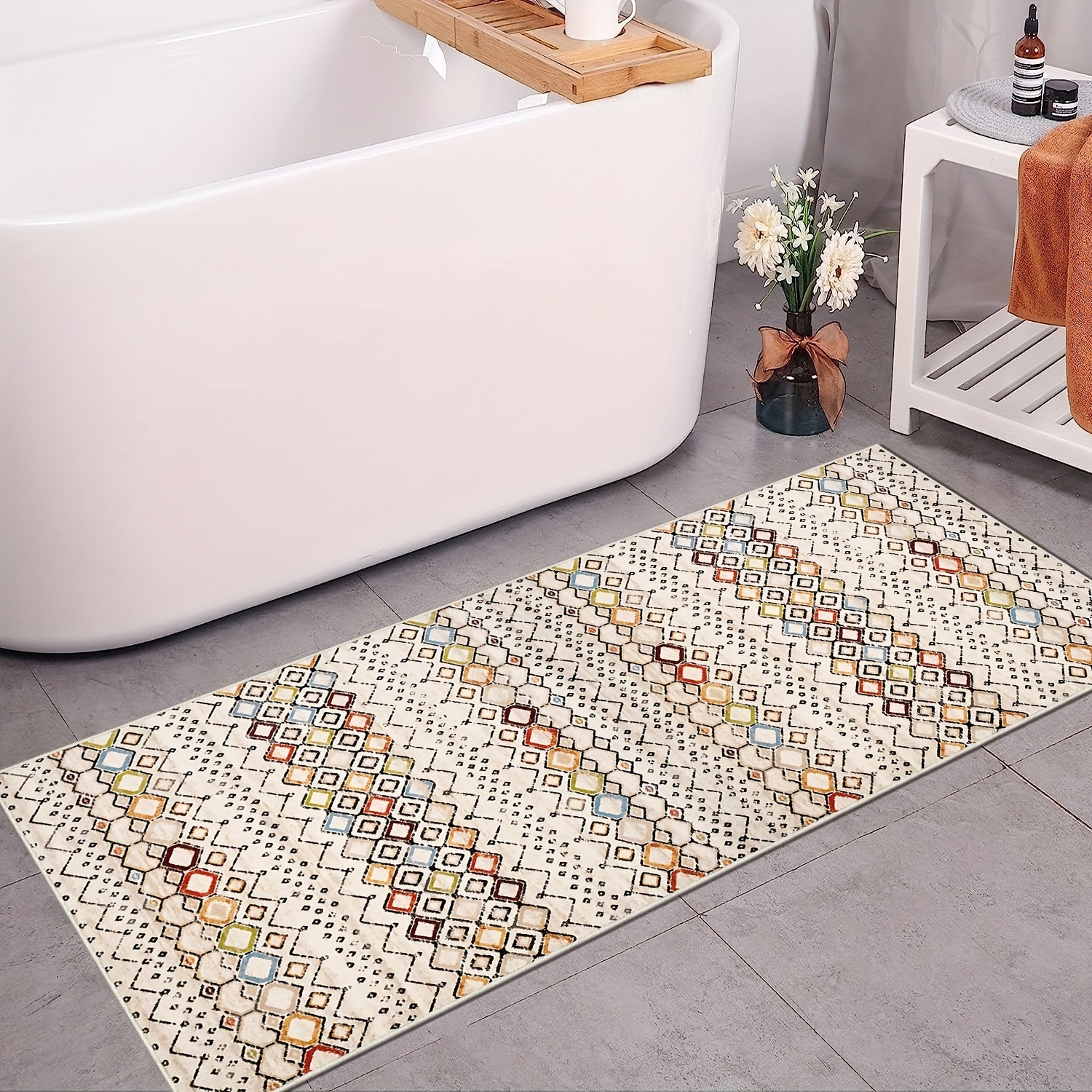 Light Gray Vinyl Floor Mat With Boho Design. North African Berber Art in  Beige and Gray. Tribal Moroccan Design. Kitchen Rug, Area Rug. 