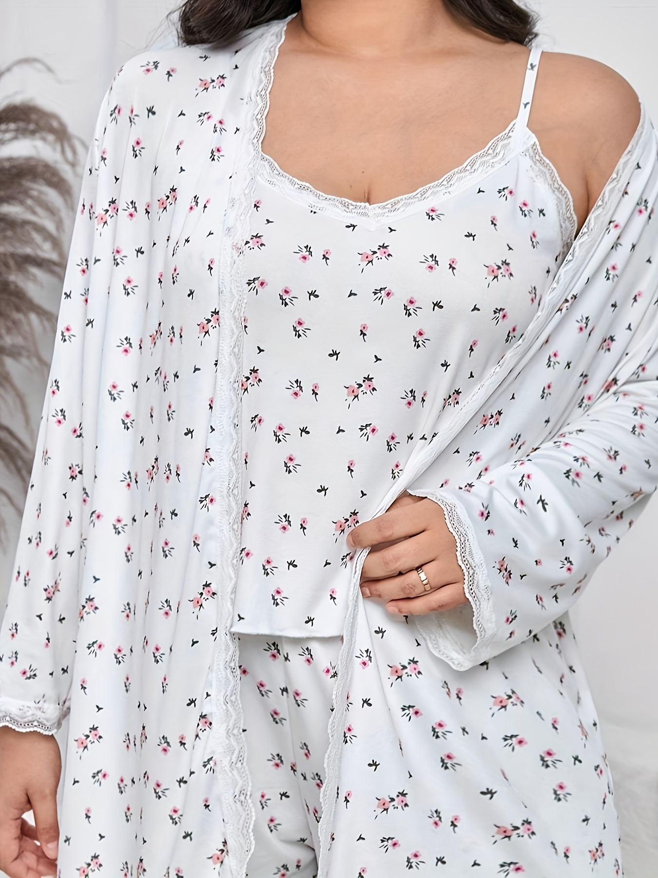 Plus Size Cute Pajama Set, Women's Plus Ditsy Floral Print Contrast Lace  Trim Cami Top & Shorts & Robe Home Wear Three Piece Set
