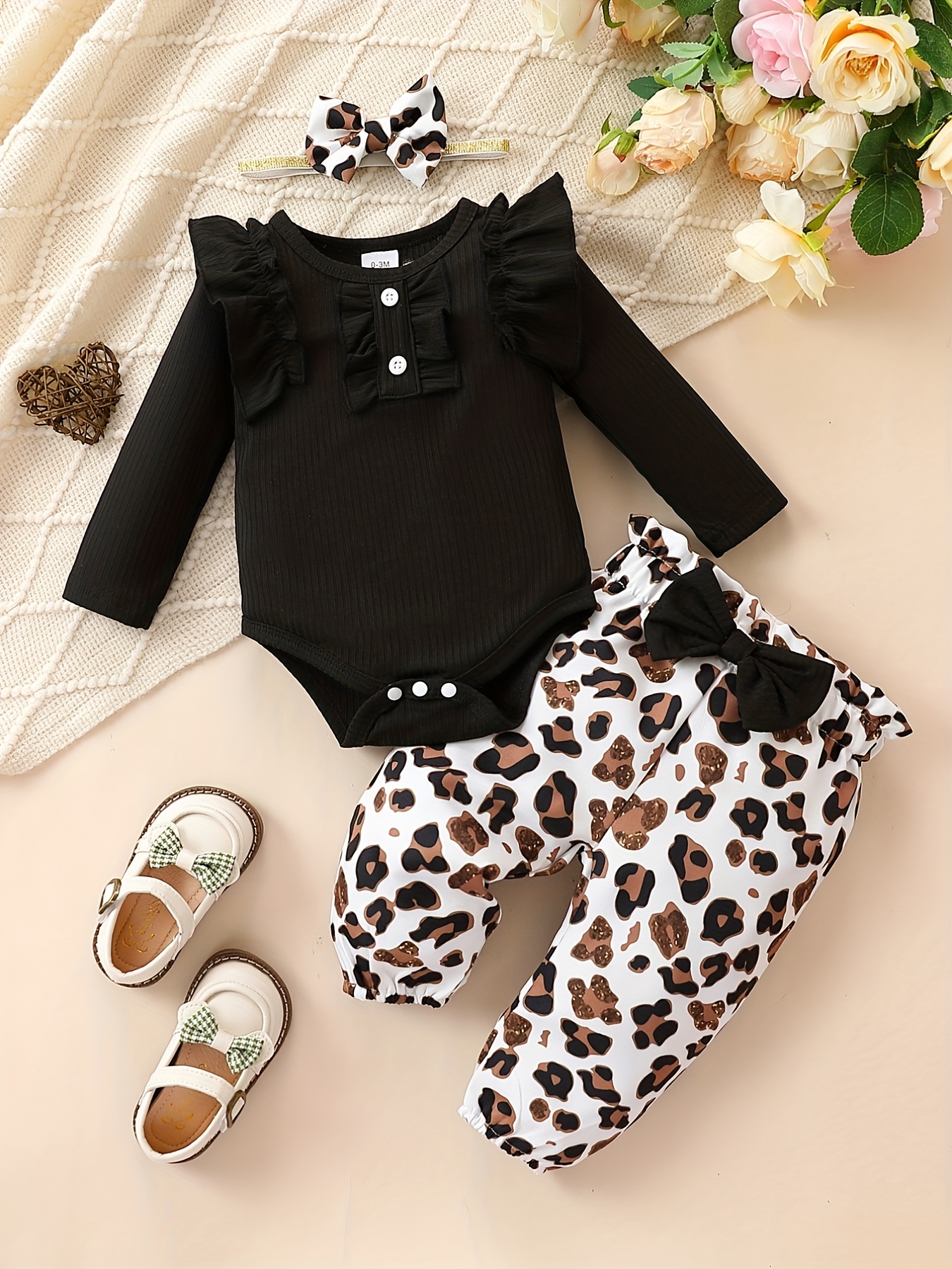 Baby 3pcs Outfits Floral leopard Pants & Ruffle Romper Set