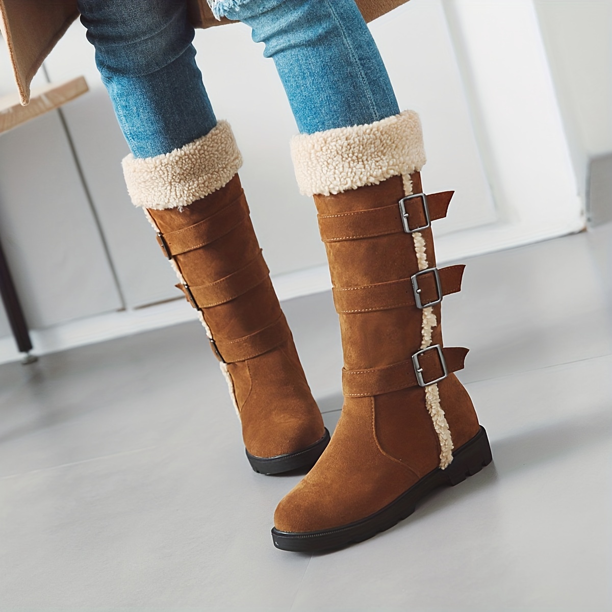 

Women's Fleece Lined Snow Boots, Thermal Buckle Strap Round Toe Knight Boots, Winter Warm Flat Mid Calf Boots