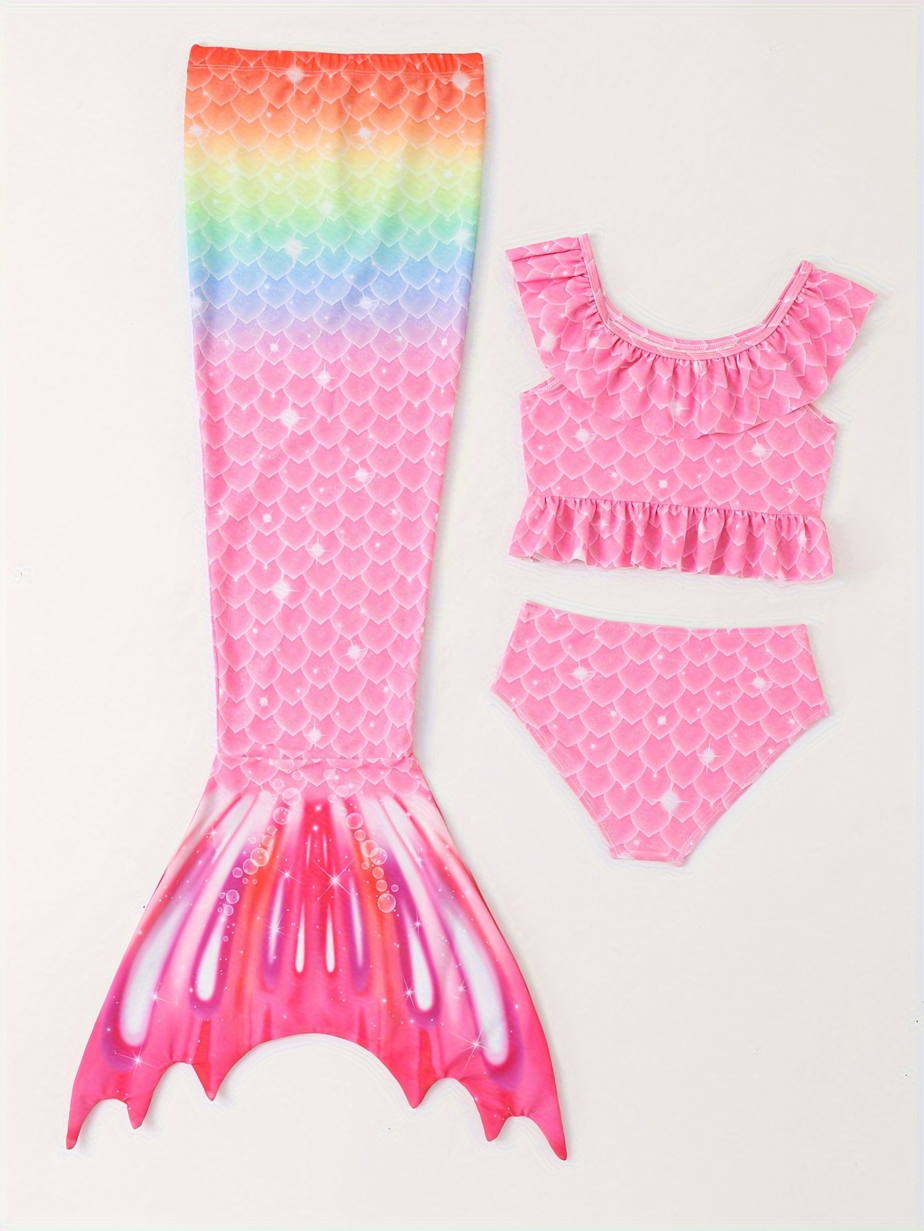 Costume Da Bagno Per Sirena Per Ragazze 3 Pezzi, Set Bikini E Coda Di Sirena,  Stampa A Scaglie Di Pesce, Costume Da Bagno Elasticizzato E Asciugatura  Rapida, Abbigliamento Per Bambini Per Vacanze