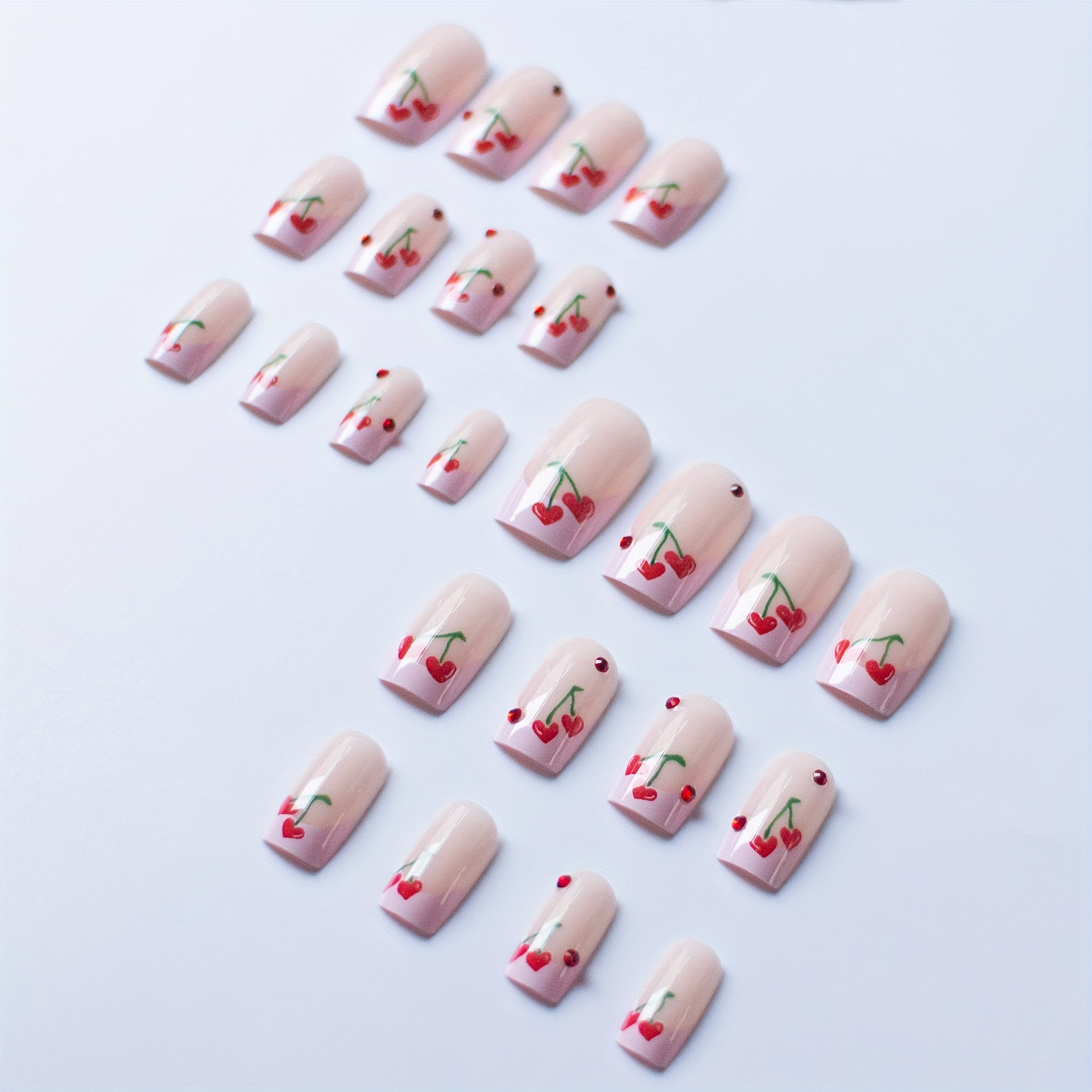 24pcs set glossy pinkish french press on nails short with red cherry design glue on nails glitter red rhinestones short square fake nails for women girls details 1