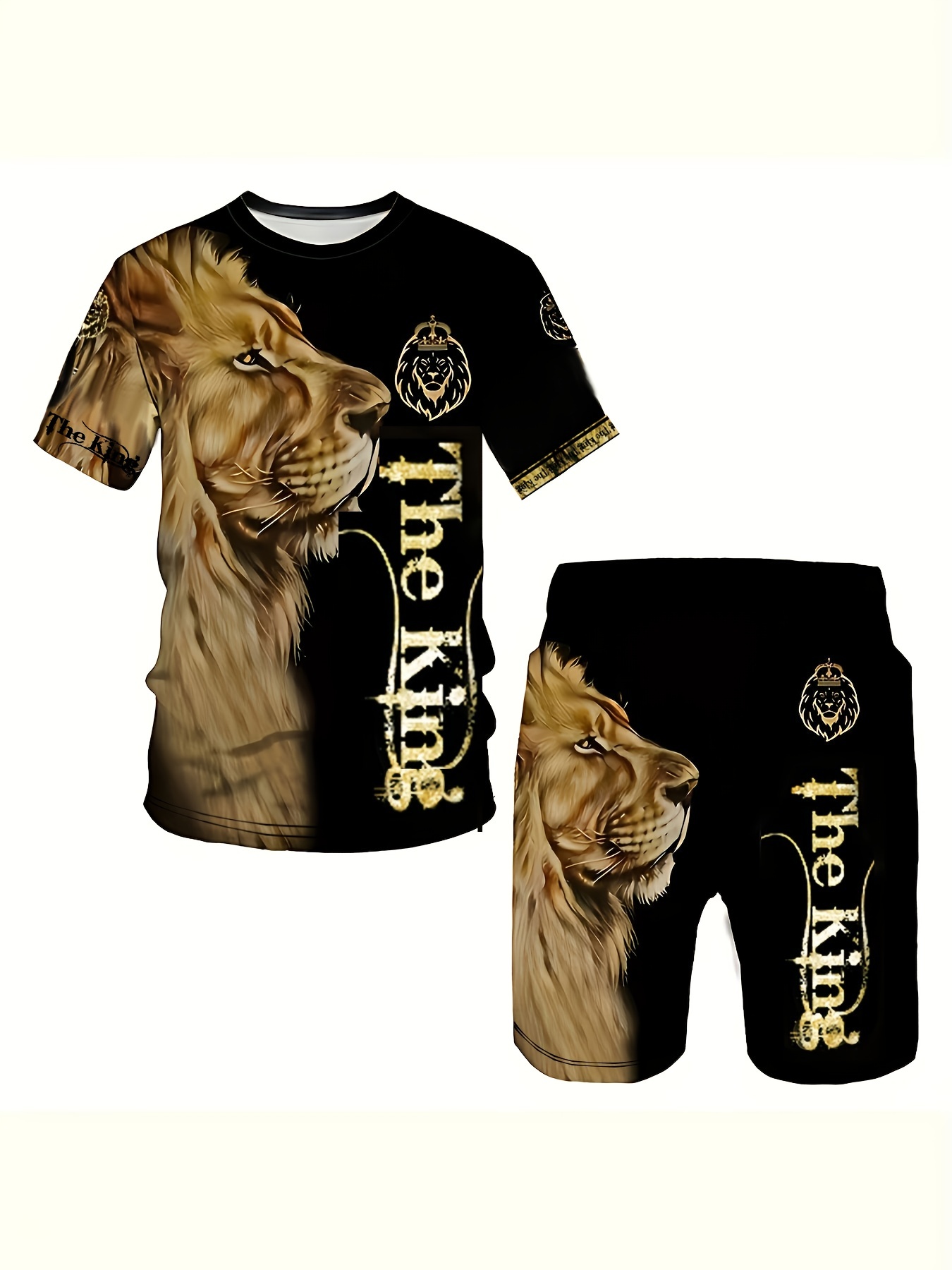 Plus Size Men's Fierce Lion Digital Print Crew Neck Shirt Shorts Set For  Summer - Temu