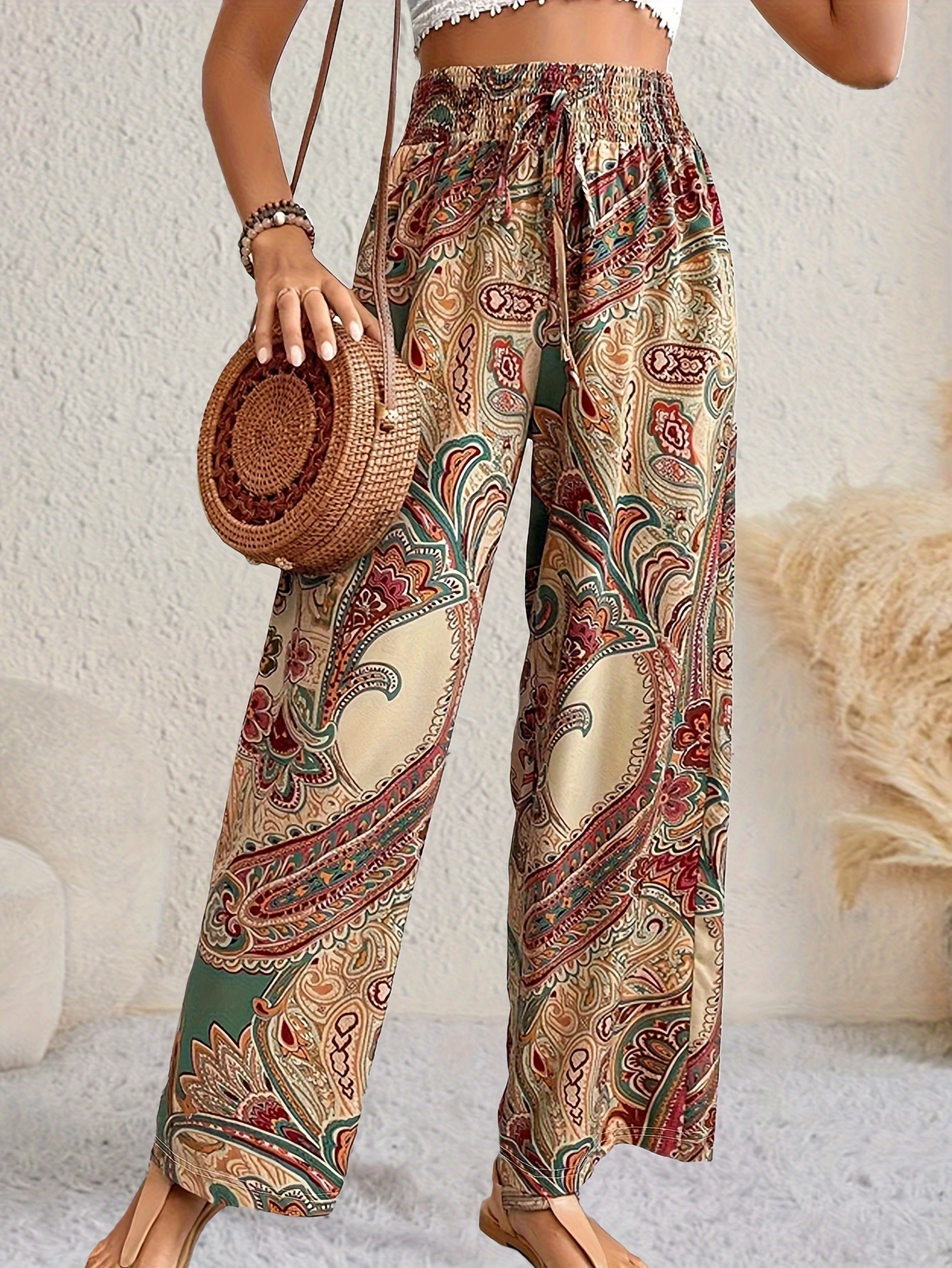 Paisley Print Wide Leg Pants, Boho Drawstring Shirred Waist Pants, Women's  Clothing