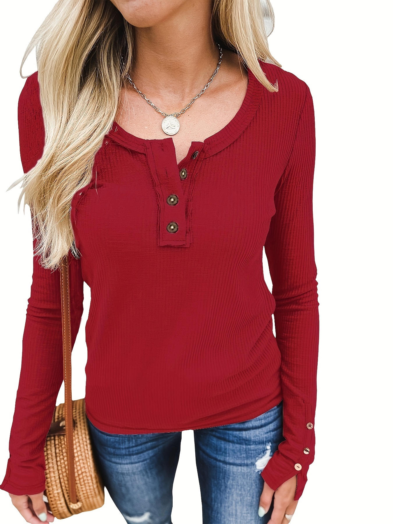 Elainilye Fashion Women's Undershirt Tight Long Sleeve Shirt Comfortable  Solid Color Round Neck Underlay Tops,Red 