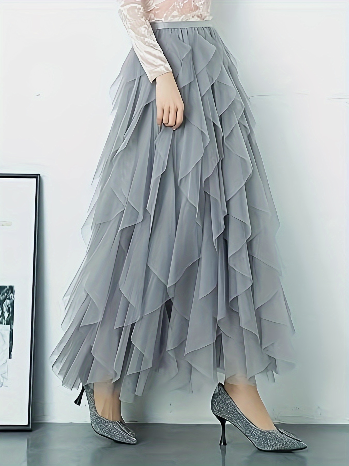 Solid Ruffle Trim Layered Mesh Skirt Versatile High Waist - Temu