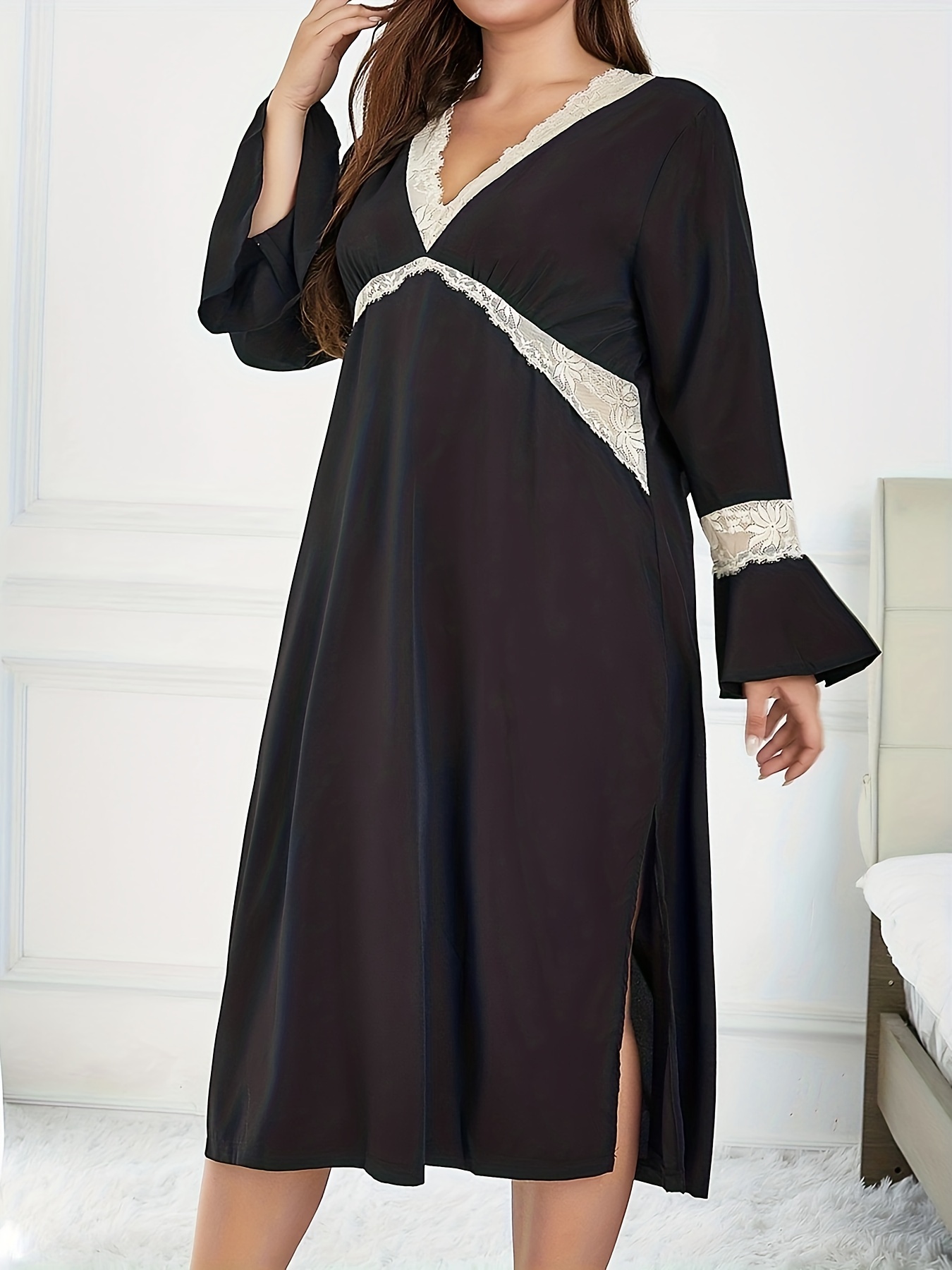 Plus Size Elegant Nightdress Women's Plus Contrast Lace Trim - Temu