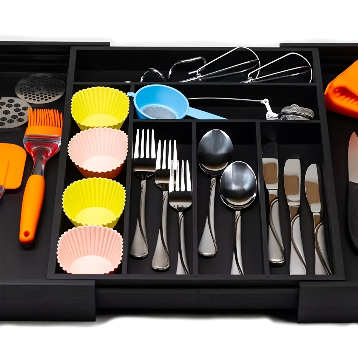 Organizador de cajones de cocina - Organizador de cubiertos  expandible/soporte para utensilios y bandeja para cubiertos con divisores  de cajones para