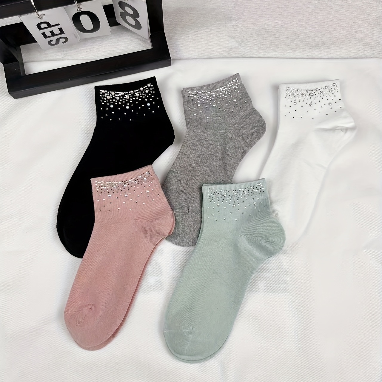 

5 Pairs Rhinestone Decor Socks, Soft & Warm Crew Short Socks, Women's Stockings & Hosiery For Music Festival