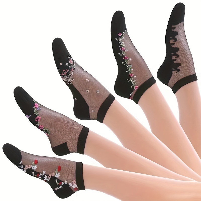 

5 Pairs Floral Pattern Socks, Casual & Breathable Ankle Socks, Women's Stockings & Hosiery