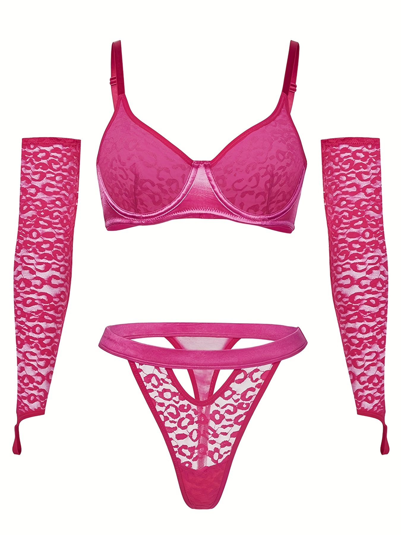 Contrast Lace Leopard Lingerie Set, Sultry Push Up Bra & Bow Tie Thong,  Women's Sexy Lingerie & Underwear