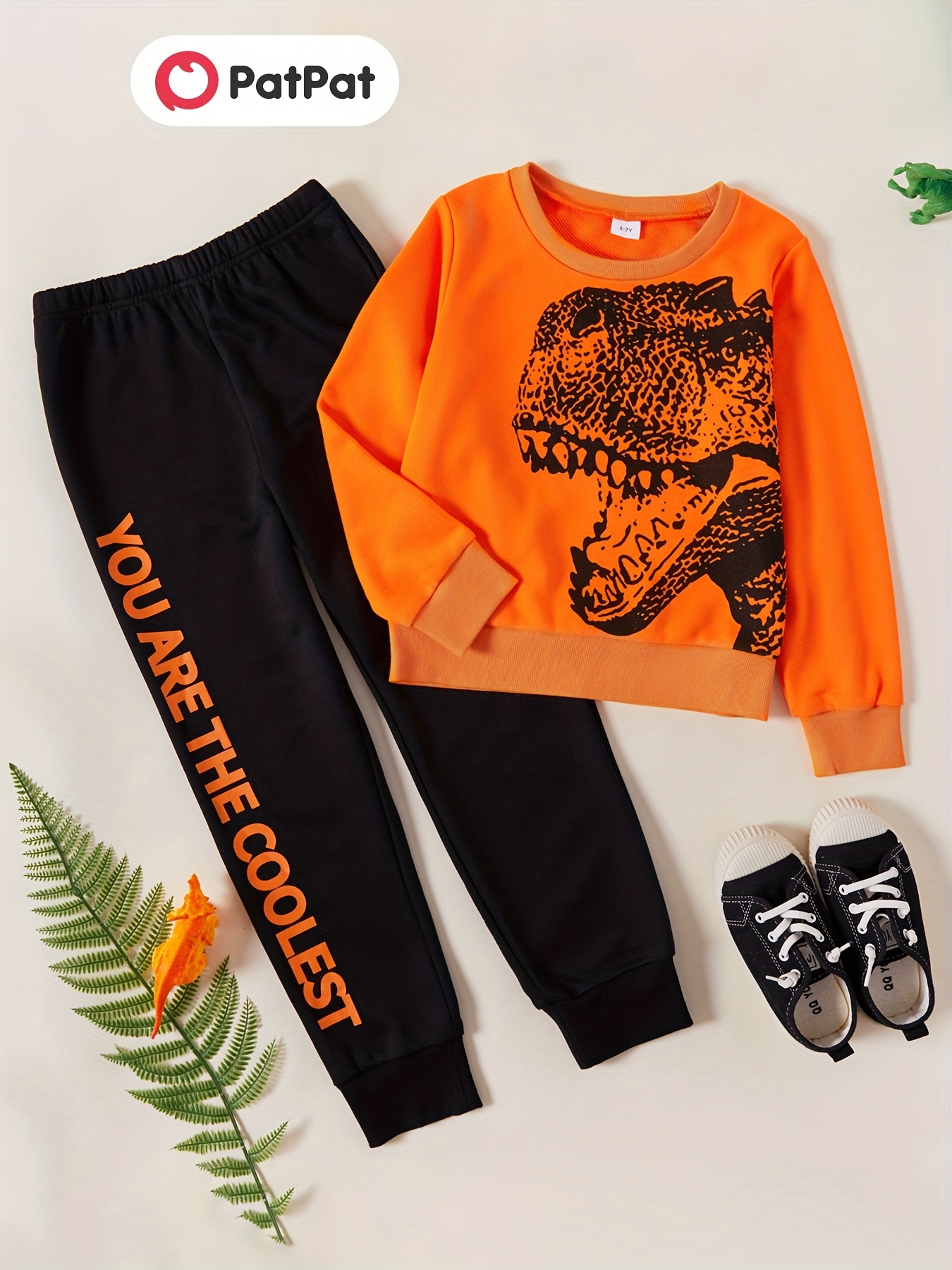 2-piece Kid Boy Letter Dinosaur Print Pullover Sweatshirt and Pants Set