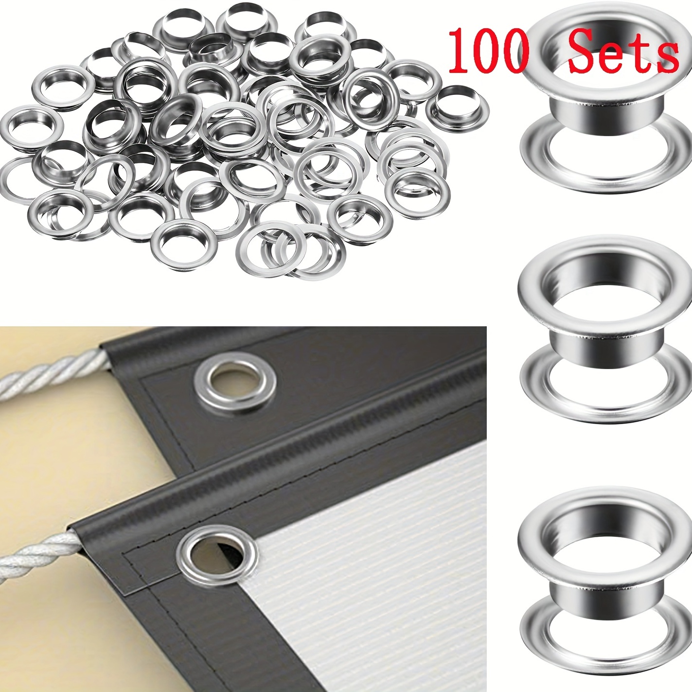

100 Sets 3/8" (10mm) Grommet Tool, Silver Color Grommet Eyelet With Washer Fit Leather Craft Shoes Belt Cap