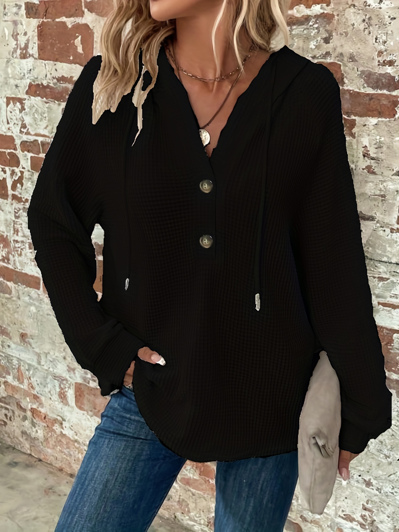 Long-Sleeve V-Neck Sweater with Drawstring at Front, Regular