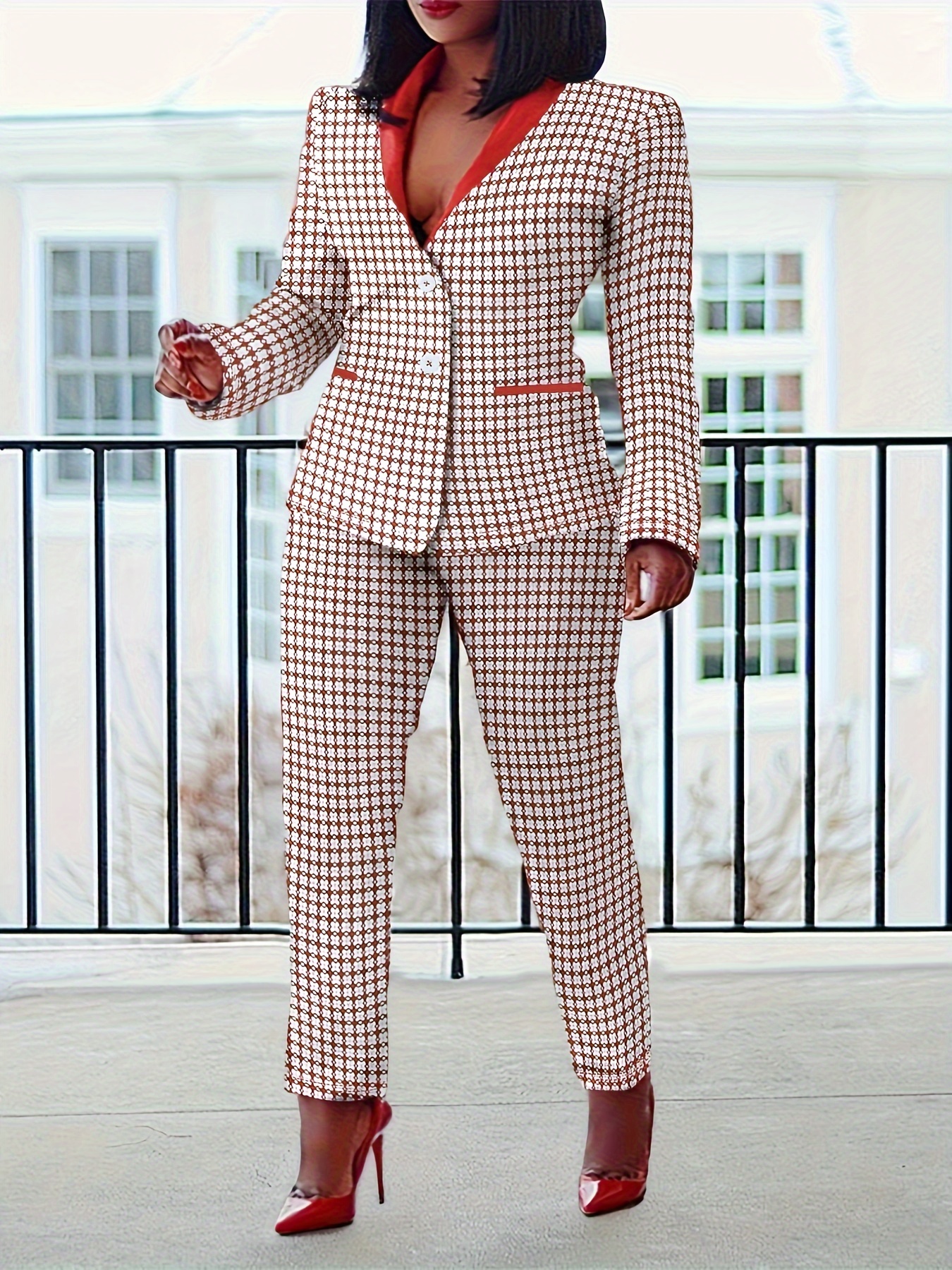 Women's Casual Suit Set Plus Size Random Print Lapel Collar - Temu