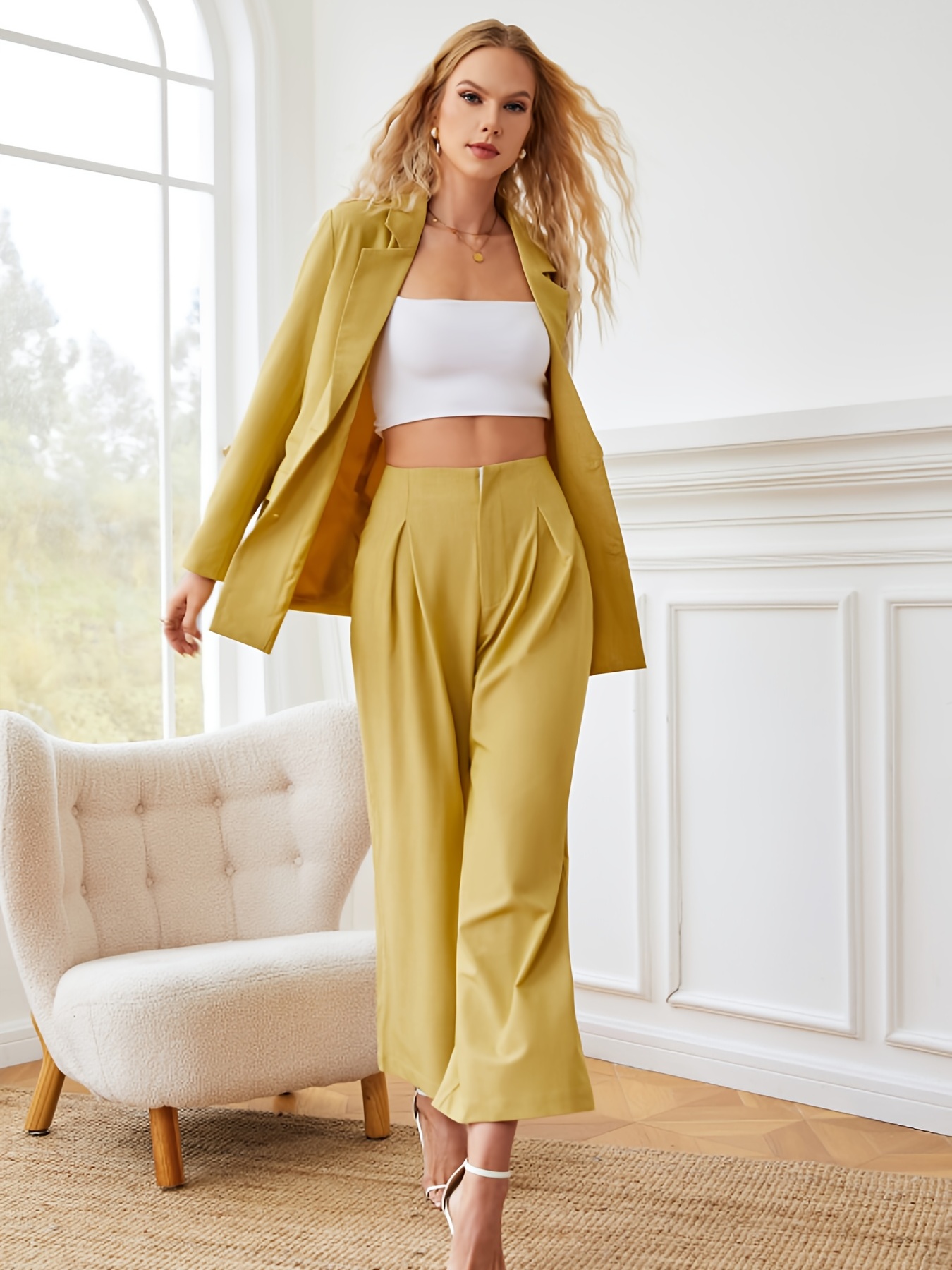 Solid Casual Two piece Set Lapel Long Sleeve Wide Leg - Temu