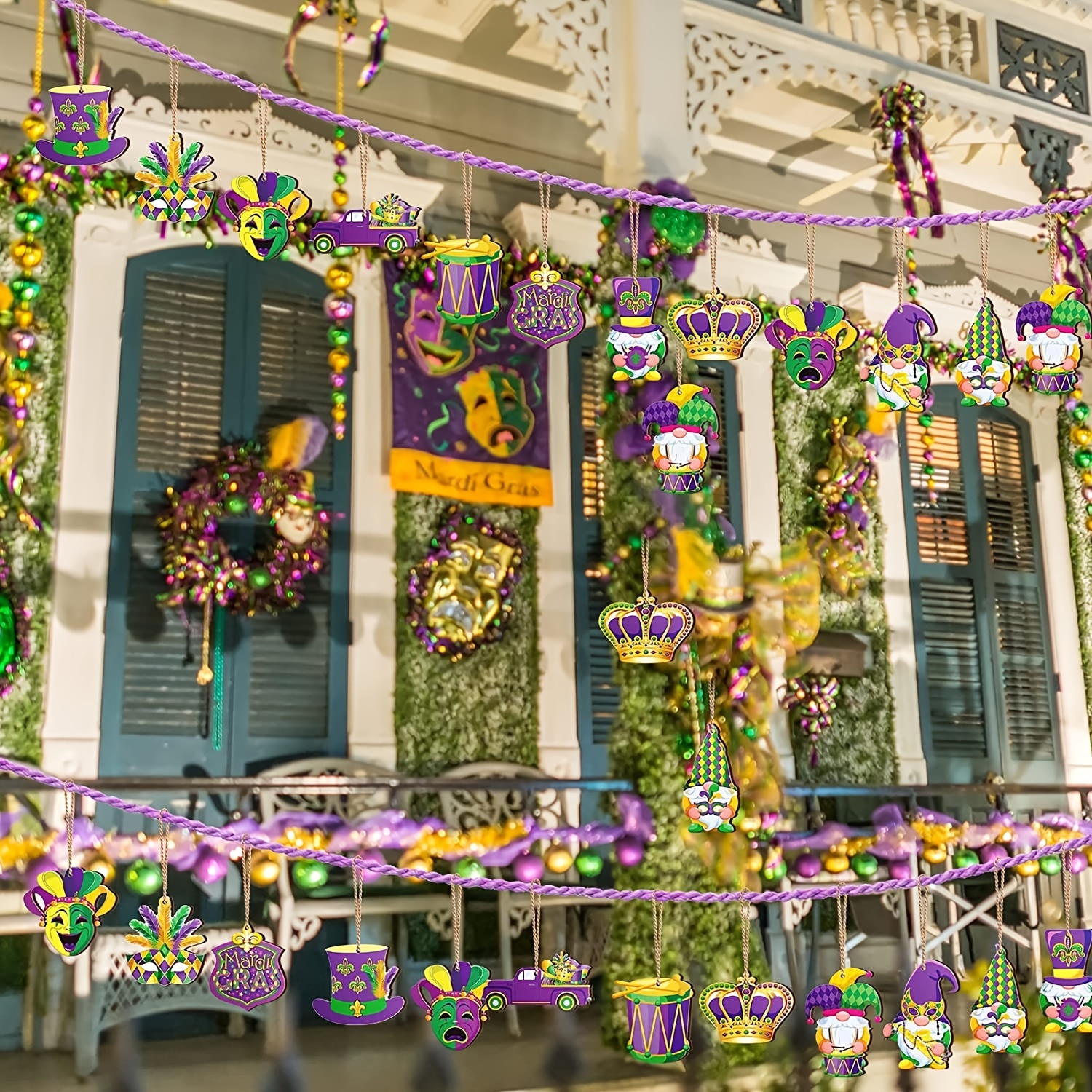 Mardi Gras Wooden Ornaments Purple Yellow Green Hanging - Temu