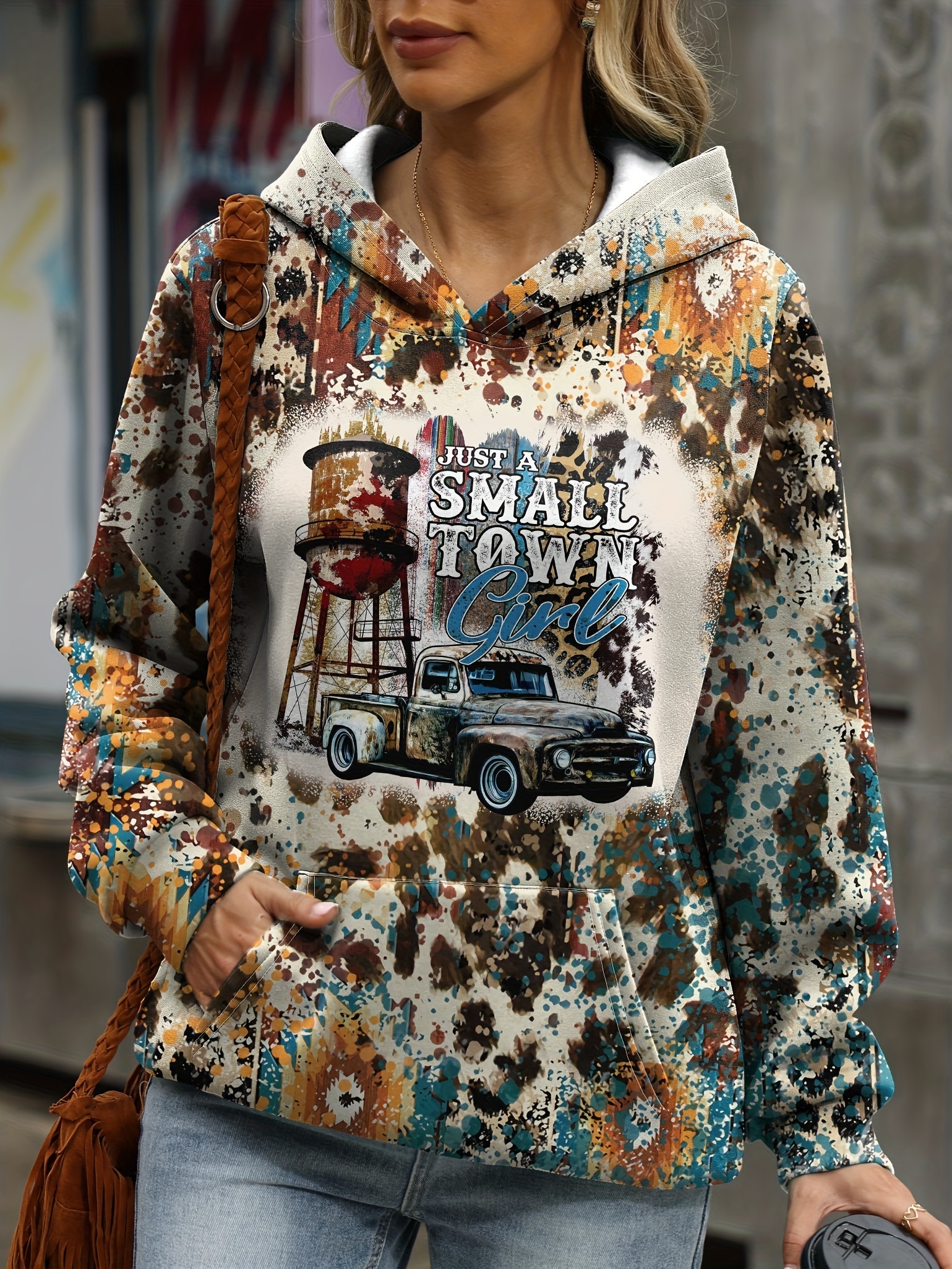 Old Car Letter Print Hoodies Vintage Kangaroo Pocket Long Temu