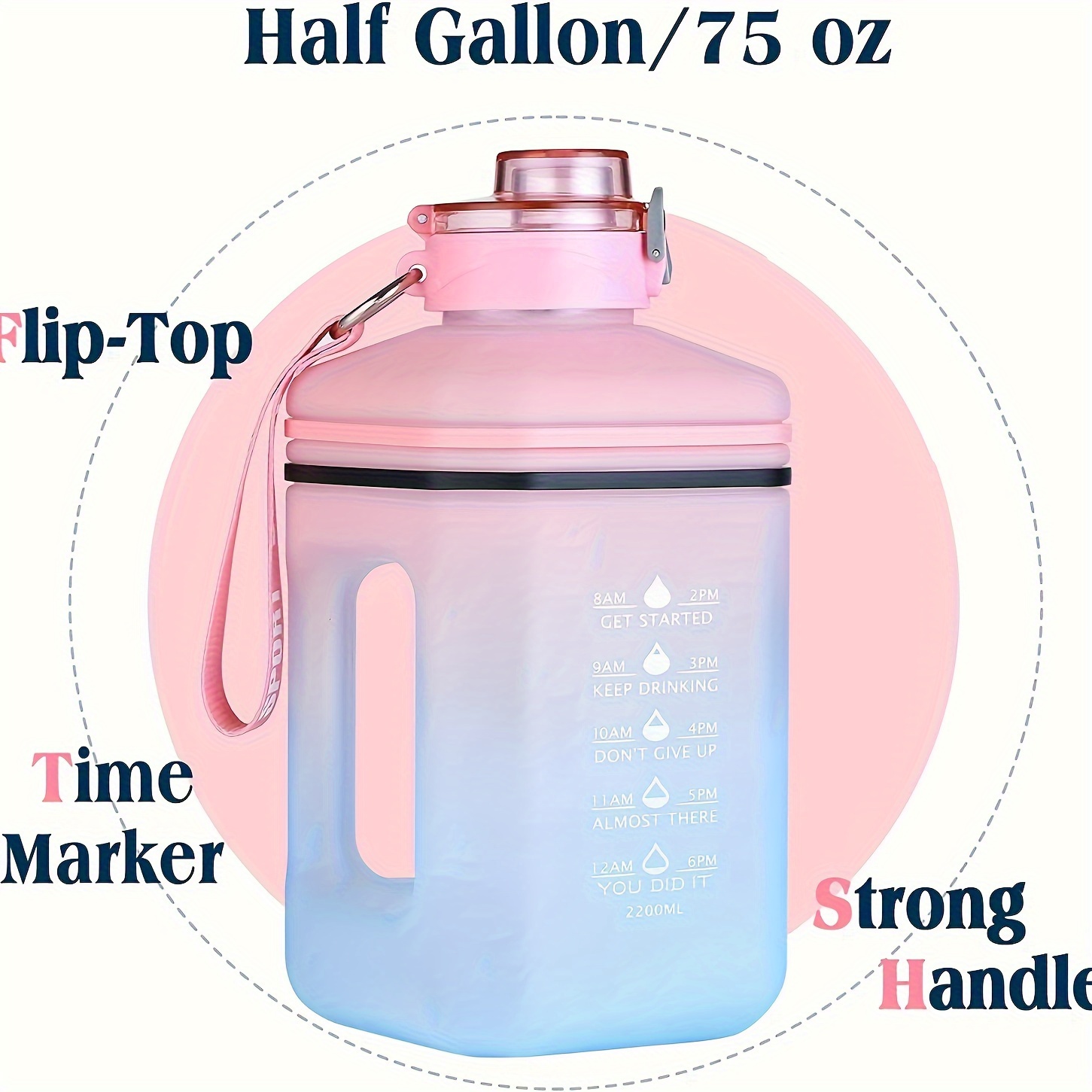 Half Gallon Water Bottle with Time Marker & Straw BPA Free Large