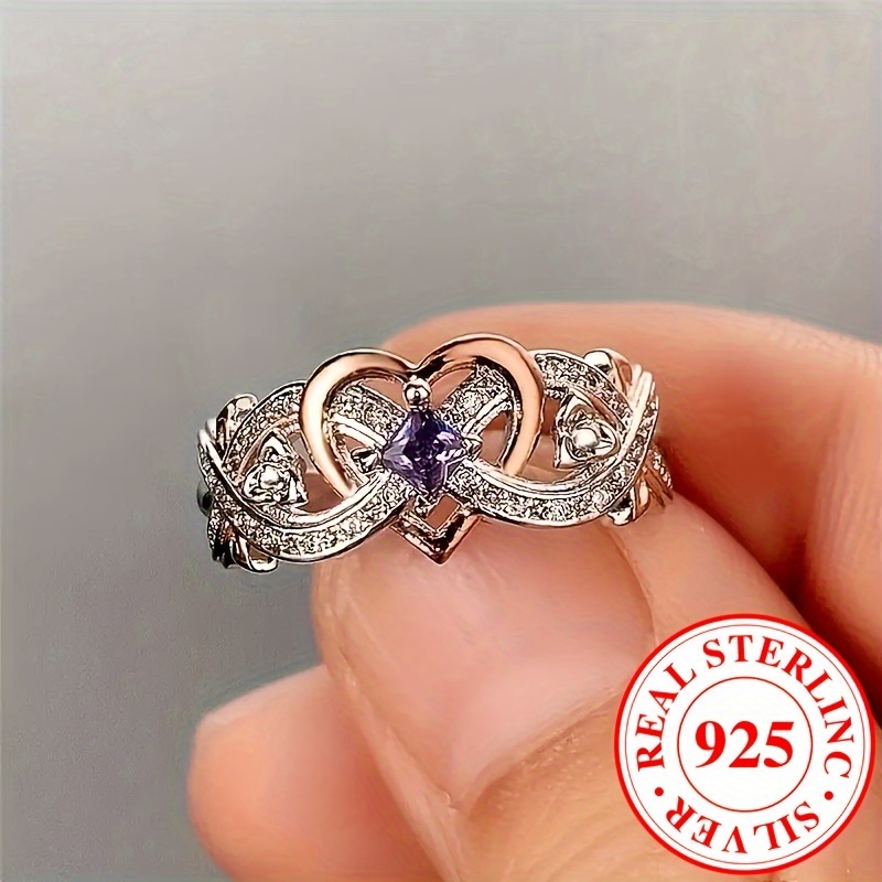 925 Sterling Silver Infinity Heart Ring with Purple Zirconia