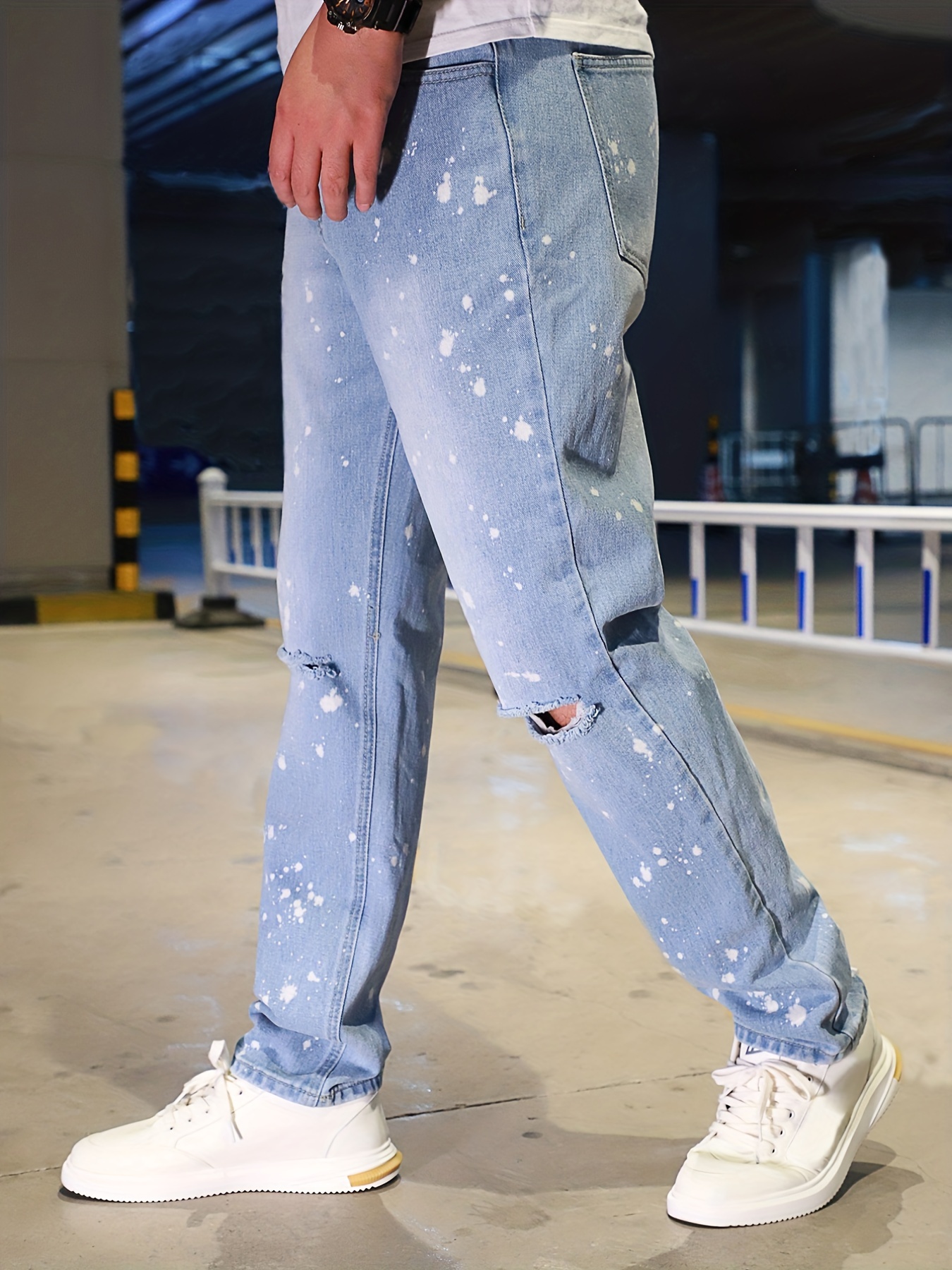 Patch Splatter Ripped Jeans Men's Casual Street Style - Temu