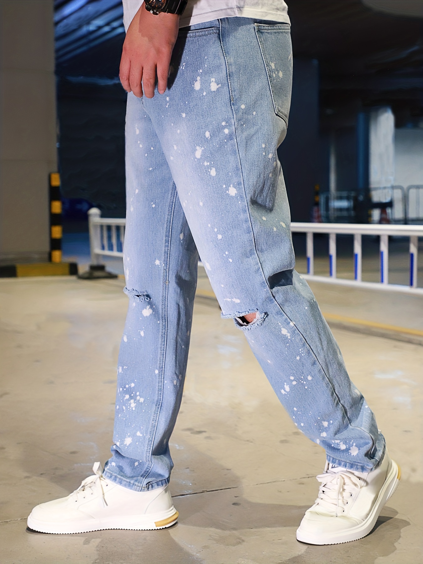 Splatter Pattern Ripped Jeans Men's Casual Street Style Denim Pants