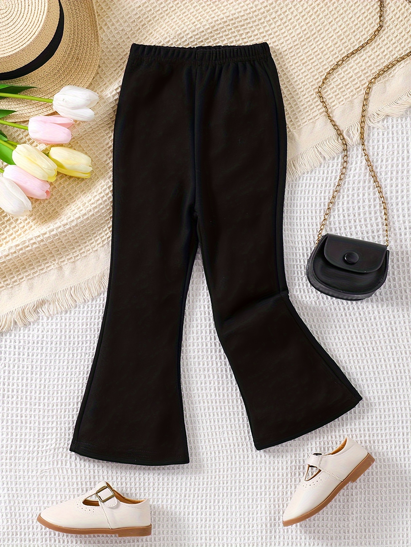 Girls Casual Sports Elastic Trousers Side Slit Hem Flare Leg